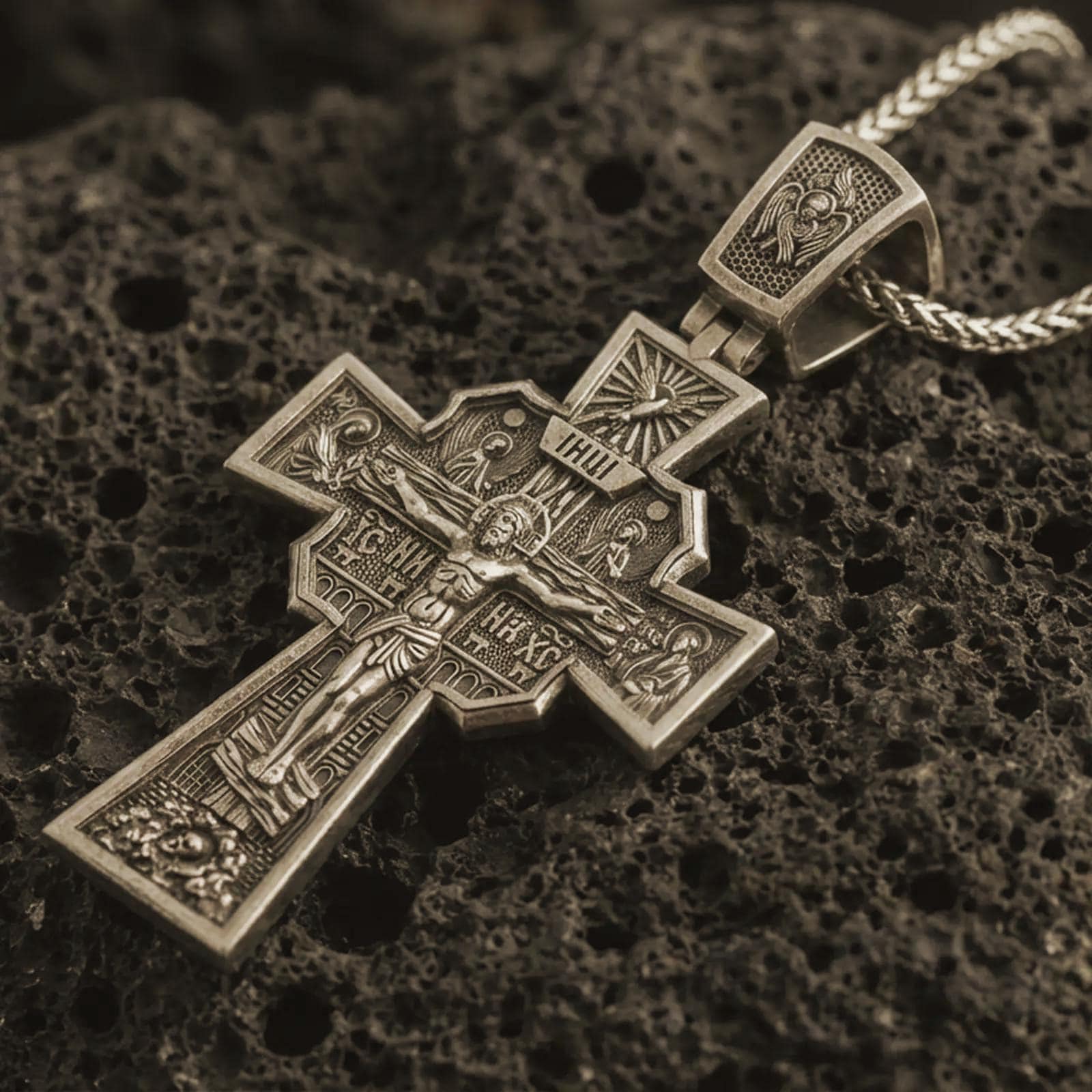 Bronze Orthodox cross pendant necklace with an oxidized finish resting on textured volcanic rock, captured in a close-up premium studio composition.