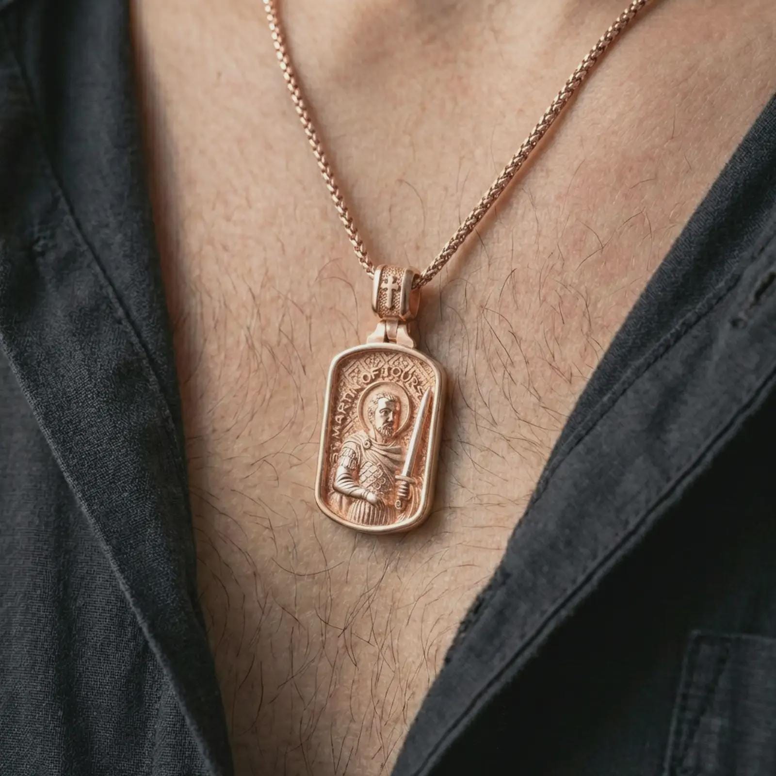 Rose gold plated Saint Martin of Tours pendant necklace worn on the neck, presented in a close-up lifestyle shot with a refined masculine aesthetic.