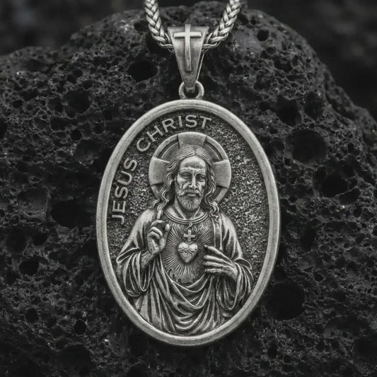 Sterling silver Jesus Christ pendant necklace with an oxidized finish resting on textured volcanic rock, captured in a close-up premium studio composition.