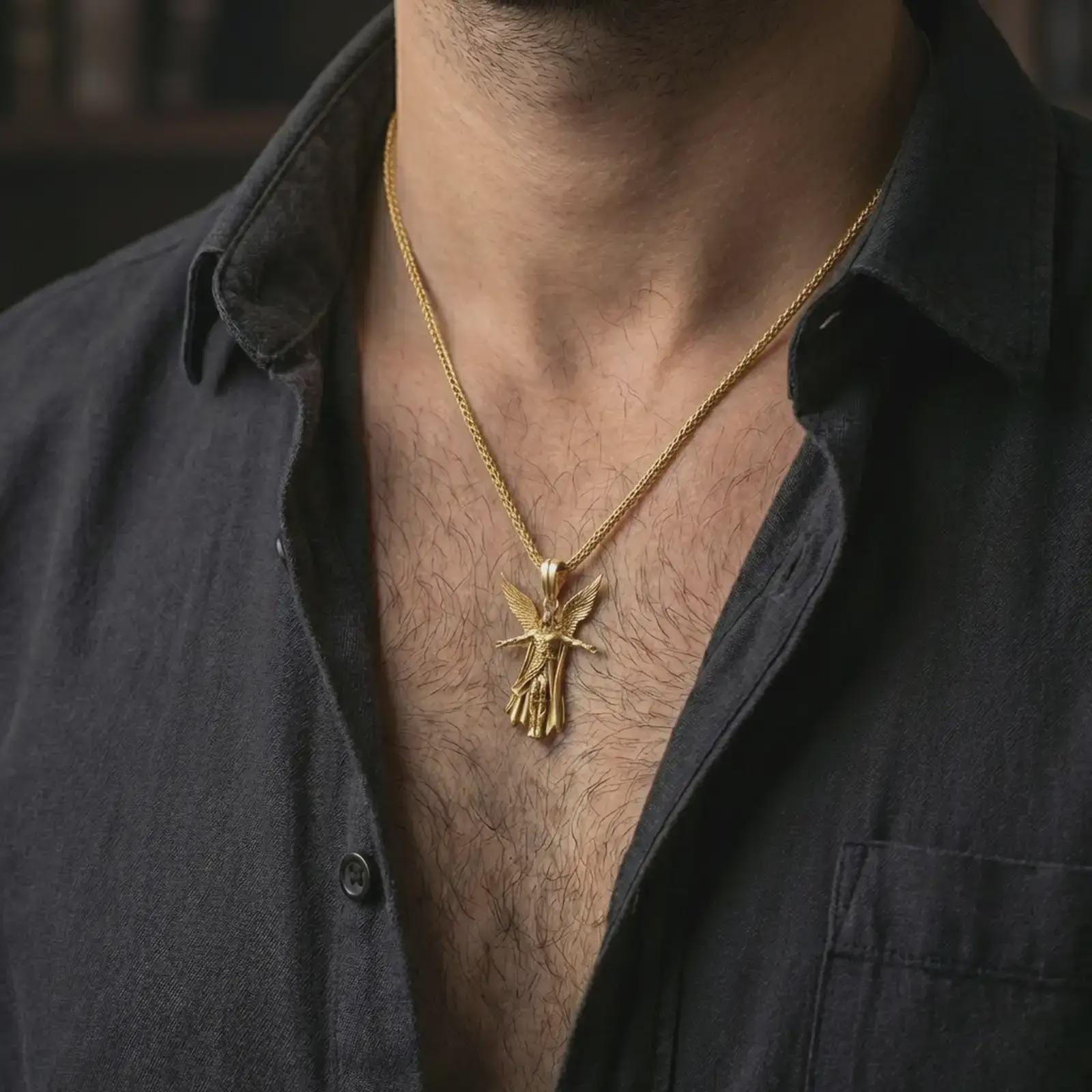 Gold plated Archangel Michael pendant necklace worn on the neck, captured on a human model in a premium dark-toned lifestyle frame.