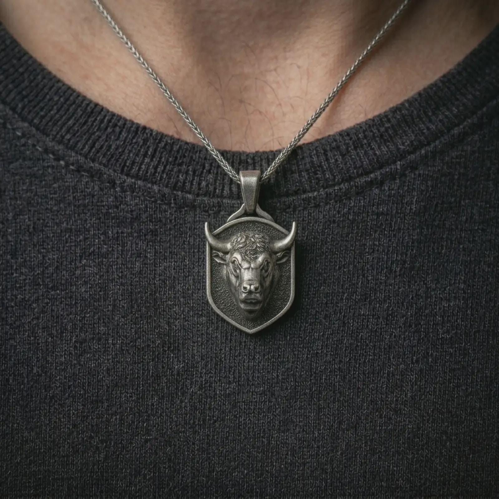 Oxidized bull head shield pendant necklace worn on the neck, styled in a dark lifestyle portrait with an open shirt and bold masculine presentation.