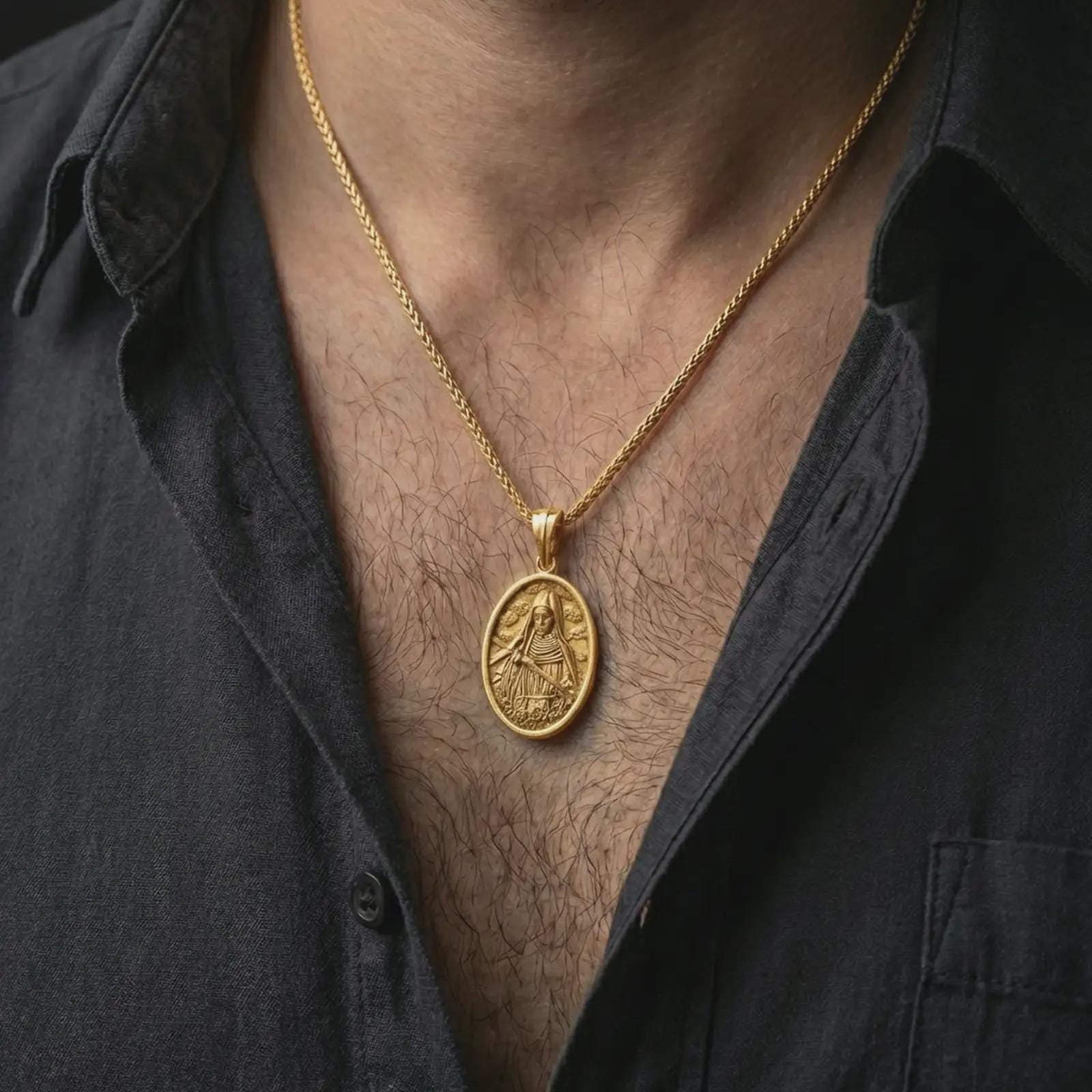 Gold plated Saint Rita pendant necklace worn on the neck, captured on a human model in a premium dark-toned lifestyle frame.