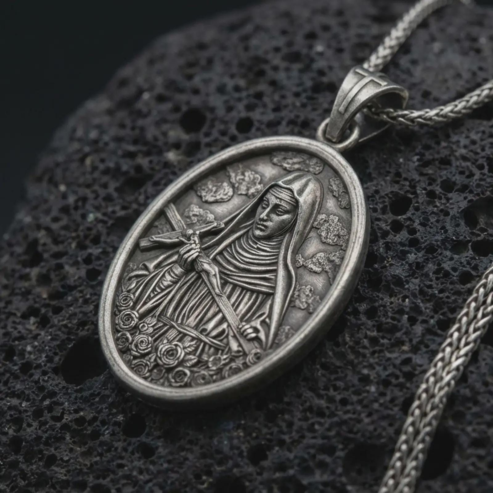 Sterling silver Saint Rita pendant necklace with an oxidized finish resting on textured volcanic rock, captured in a close-up premium studio composition.