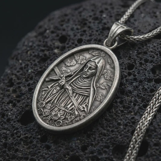 Sterling silver Saint Rita pendant necklace with an oxidized finish resting on textured volcanic rock, captured in a close-up premium studio composition.