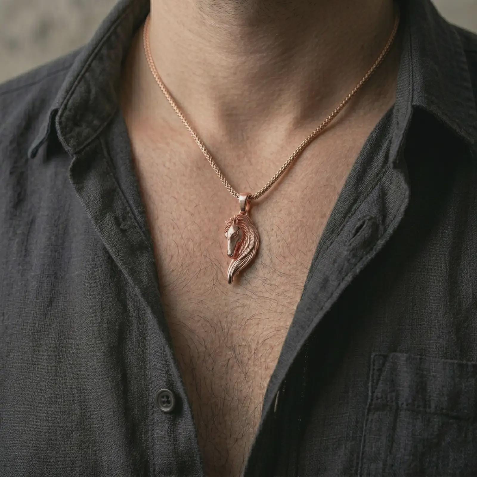 Rose gold plated Pegasus wing horse pendant necklace worn on the neck, presented in a close-up lifestyle shot with a refined mythology-inspired aesthetic.
