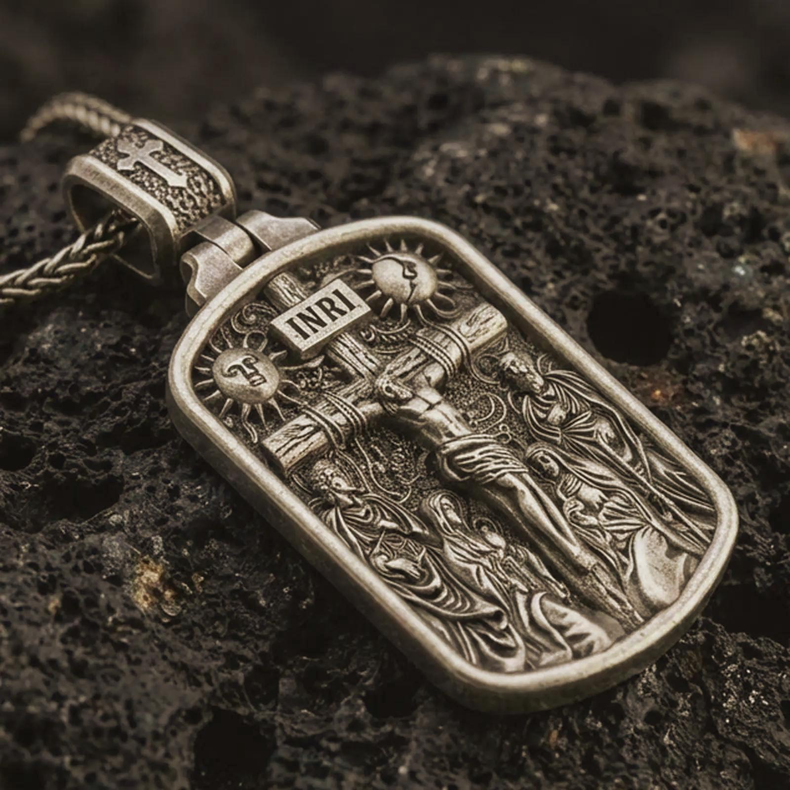 Bronze Jesus INRI crucifixion pendant necklace with an oxidized finish resting on textured volcanic rock, captured in a close-up premium studio composition.