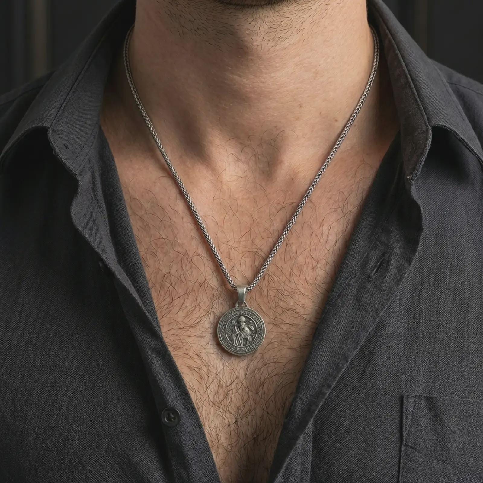 Oxidized Saint Benedict medal pendant necklace worn on the neck, styled in a dark lifestyle portrait with an open shirt and masculine presentation.