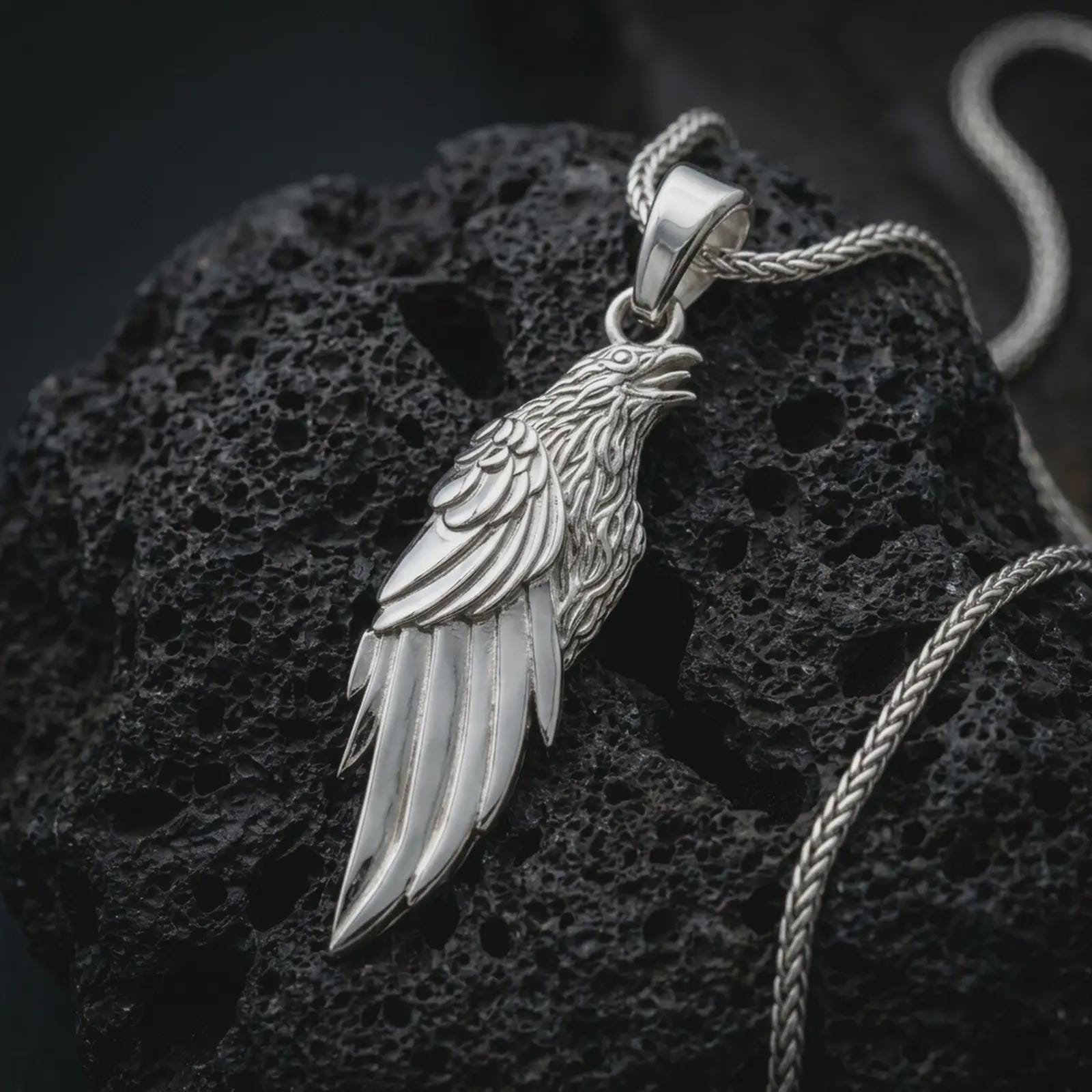 Polished silver raven pendant necklace displayed on black volcanic rock, shown in a refined macro product shot with layered feather detail, open beak, and elongated bird silhouette.