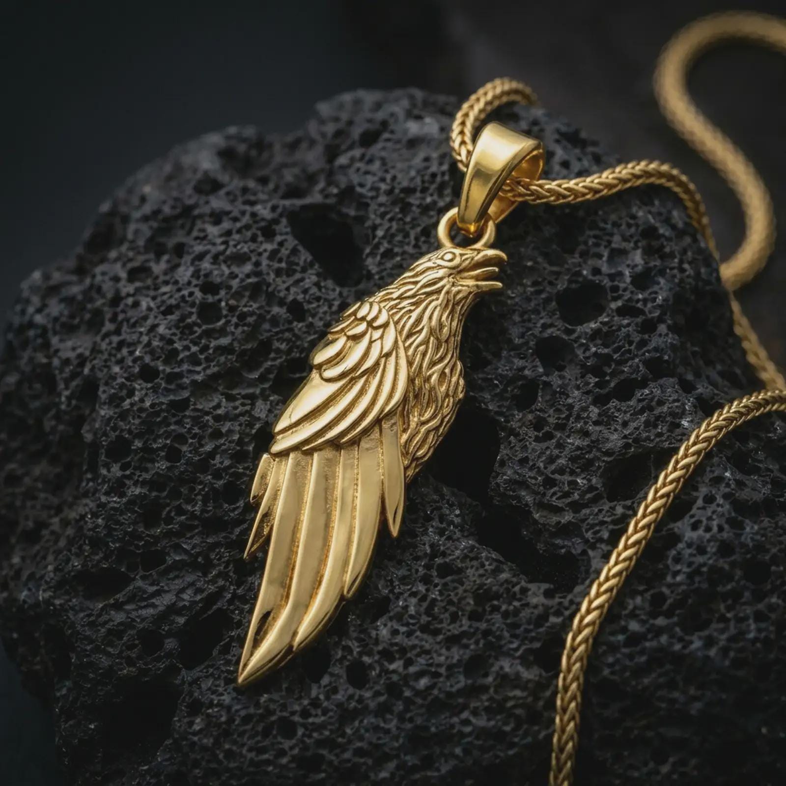 Gold plated raven pendant necklace presented on porous volcanic rock, highlighting the Norse-inspired bird design in a luxurious close-up jewelry image.