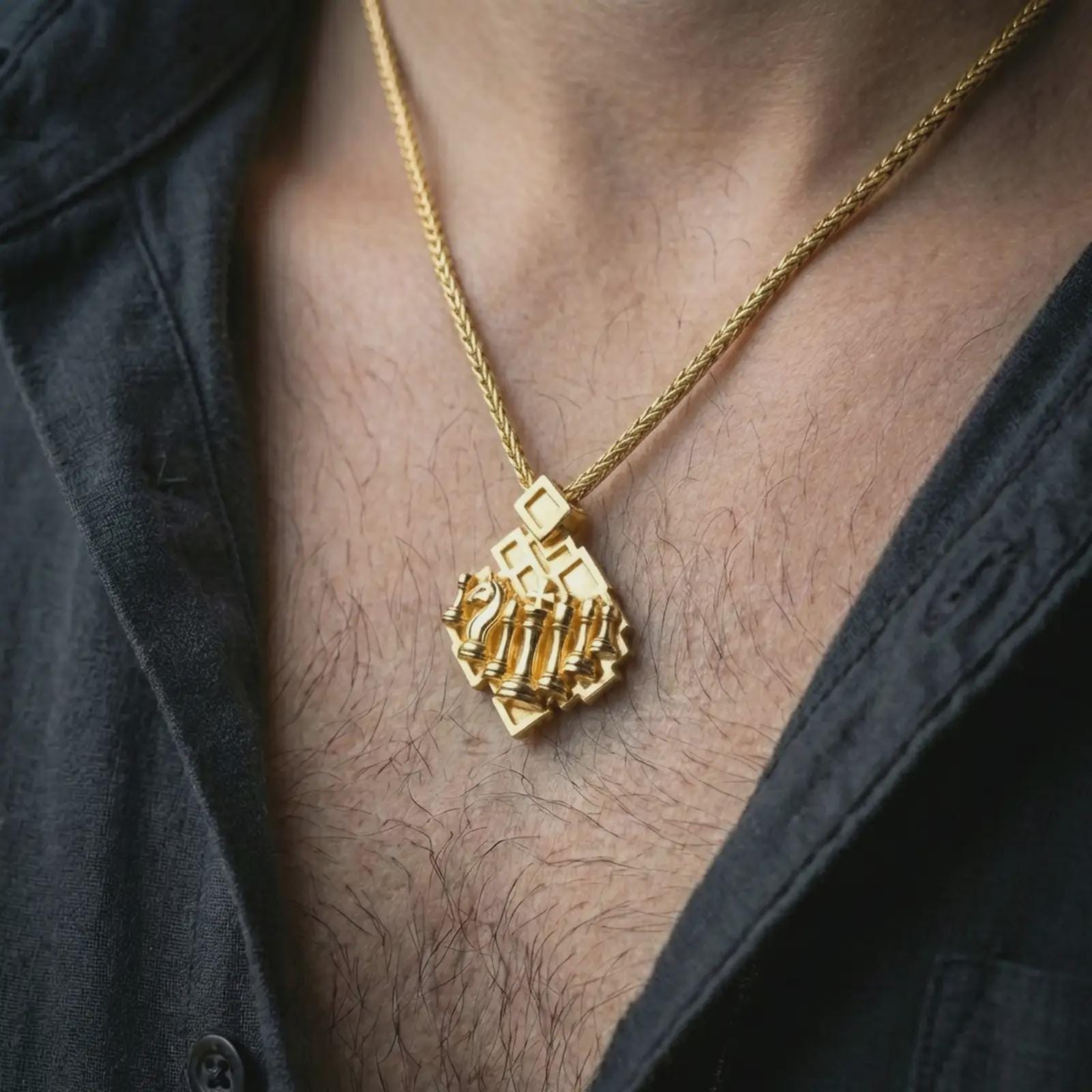 Gold plated chessboard pendant necklace worn on the neck, captured on a human model in a premium dark-toned lifestyle frame.