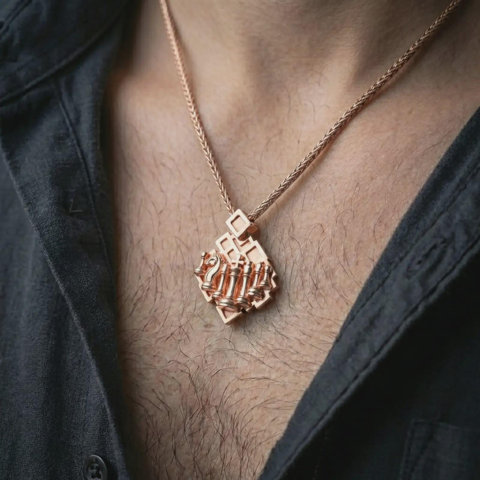 Rose gold plated chessboard pendant necklace worn on the neck, presented in a close-up lifestyle shot with a refined strategy-inspired aesthetic.