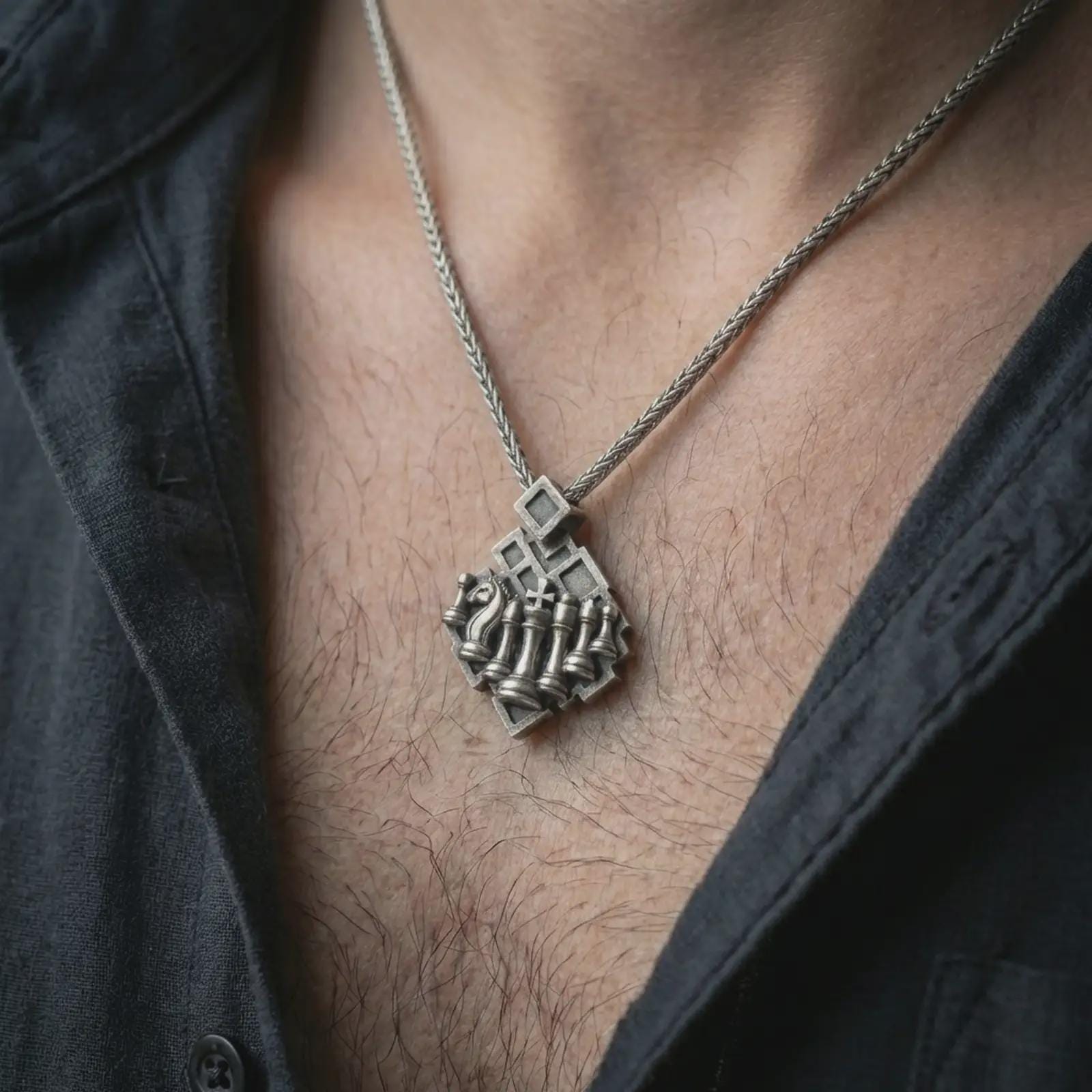 Oxidized chessboard pendant necklace worn on the neck, styled in a dark lifestyle portrait with an open shirt and bold intellectual presentation.