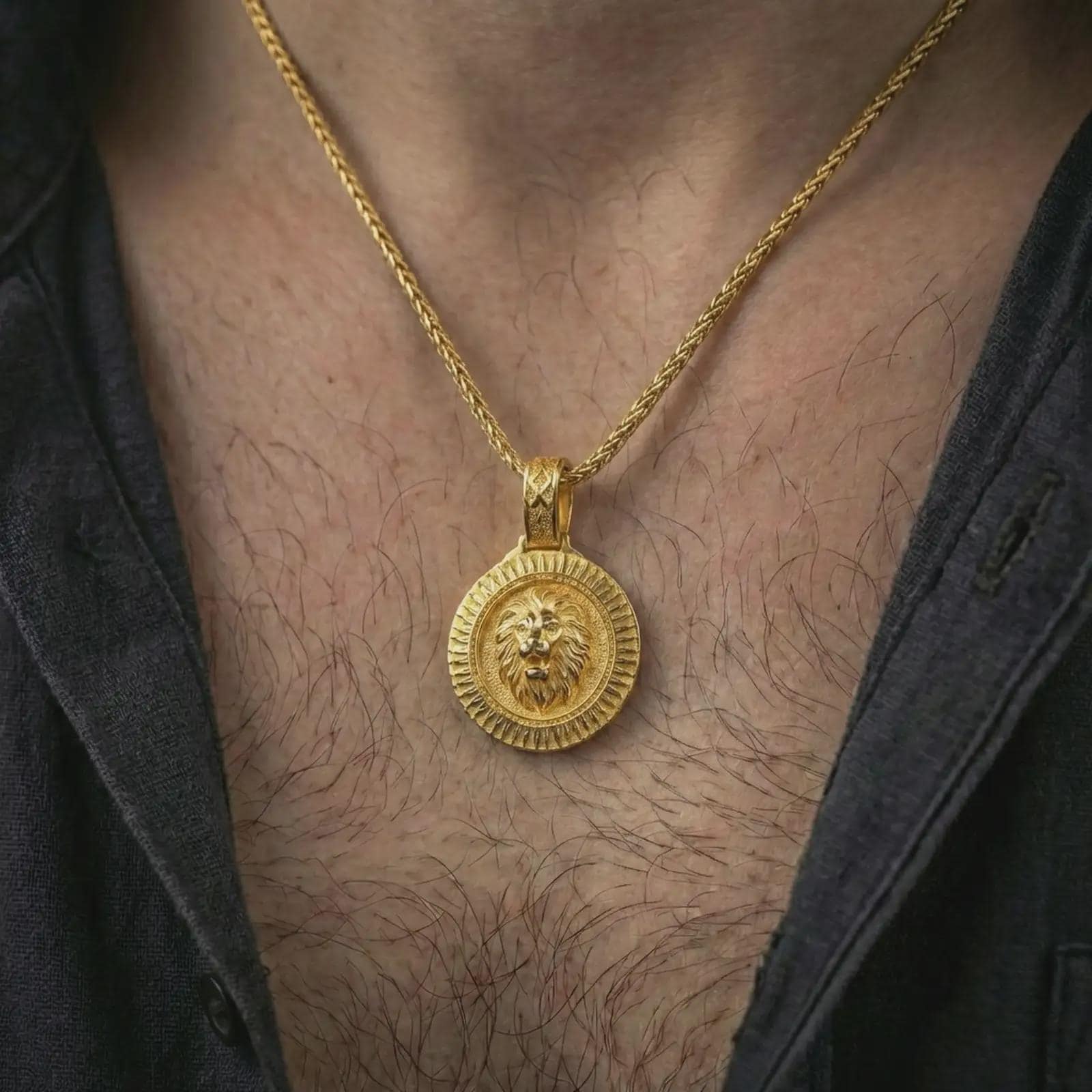 Gold plated Viking lion medallion pendant necklace worn on the neck, captured on a human model in a premium dark-toned lifestyle frame.