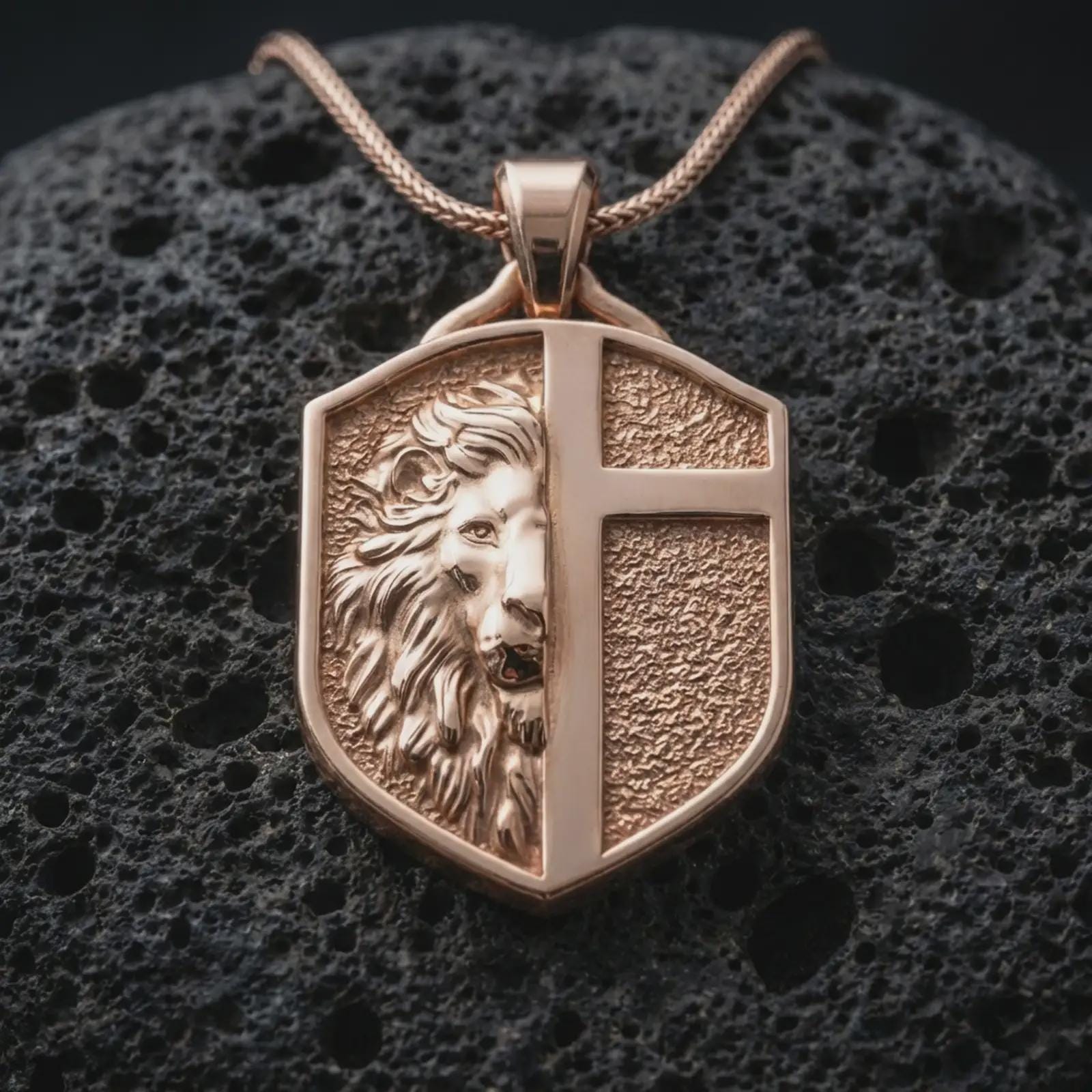 A rose gold plated shield pendant on volcanic rock featuring a lion emblem and cross motif in bold relief.