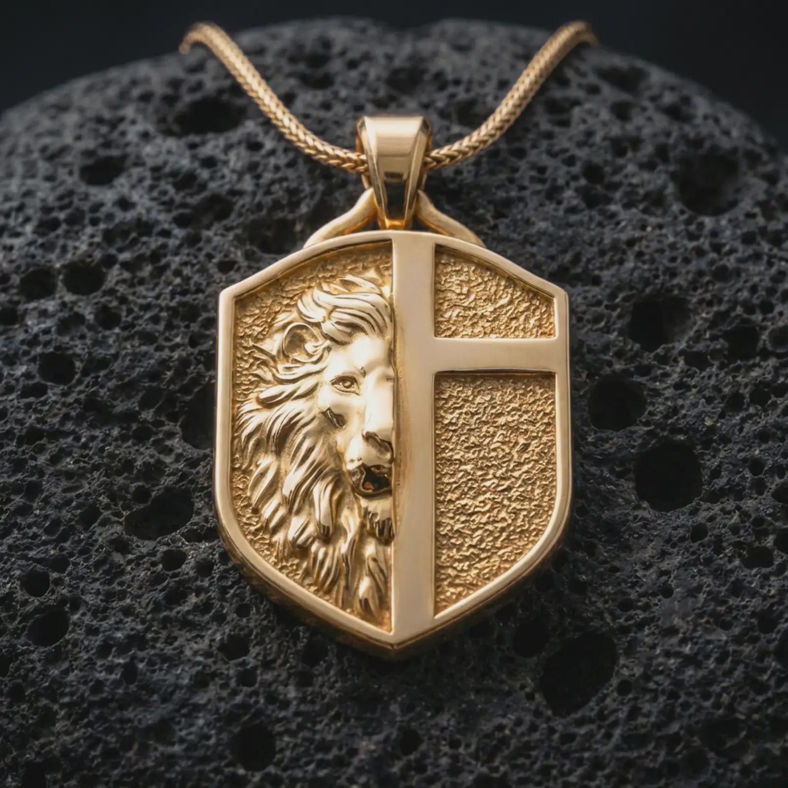 A gold plated lion cross shield pendant on black volcanic stone with crisp edges and textured background contrast.