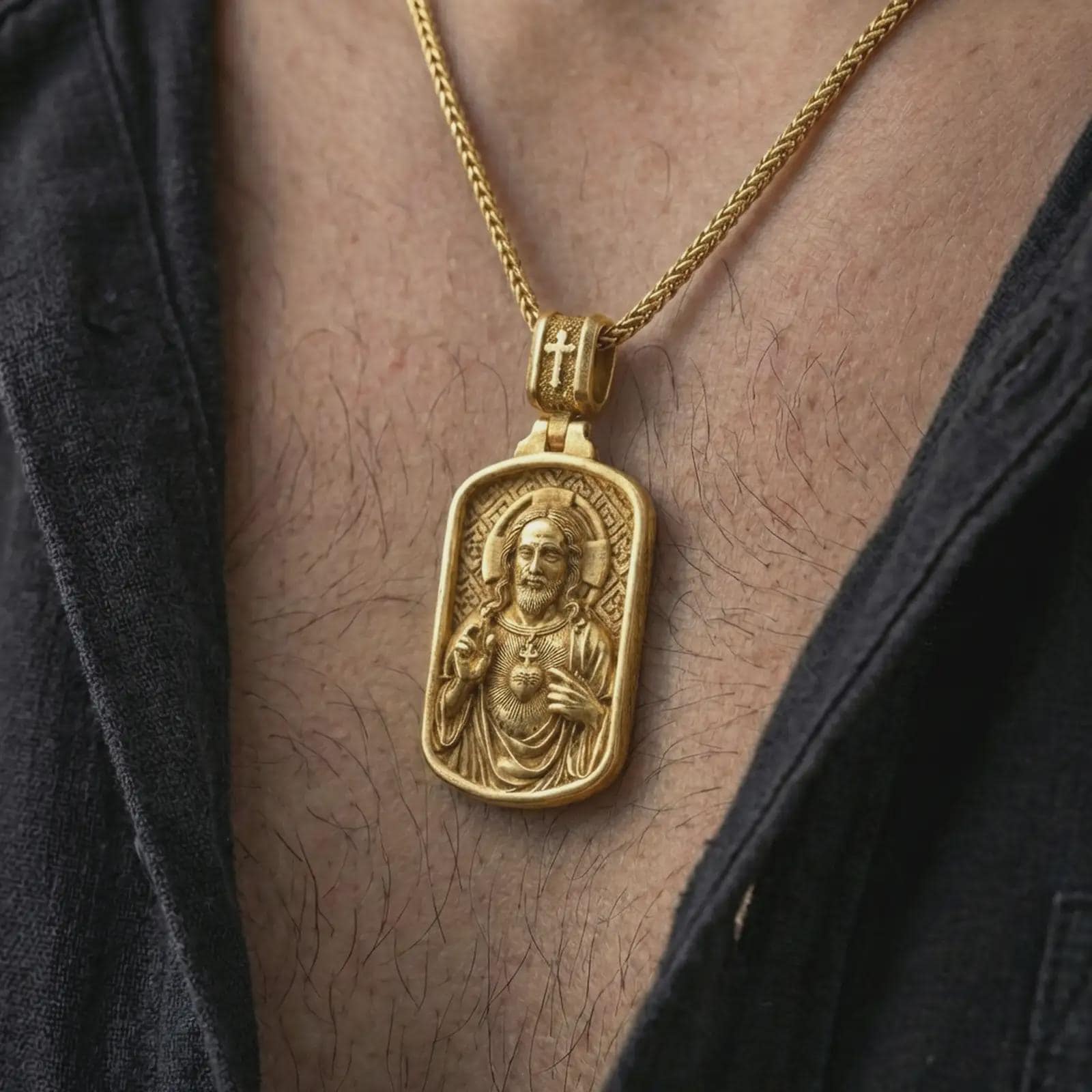 Gold plated Sacred Heart pendant necklace worn on the neck, captured on a human model in a premium dark-toned lifestyle frame.