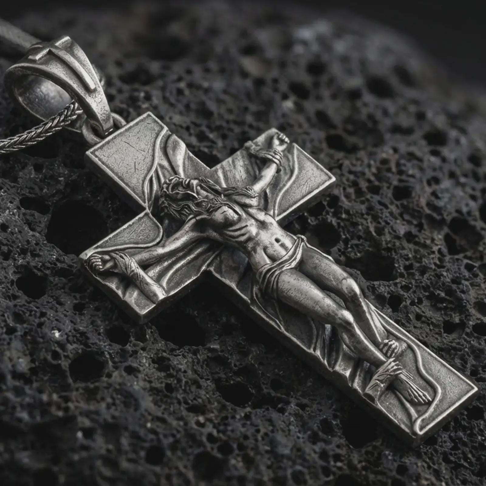 Sterling silver symbolic cross pendant with an oxidized finish resting on textured volcanic rock, captured in a close-up premium studio composition.