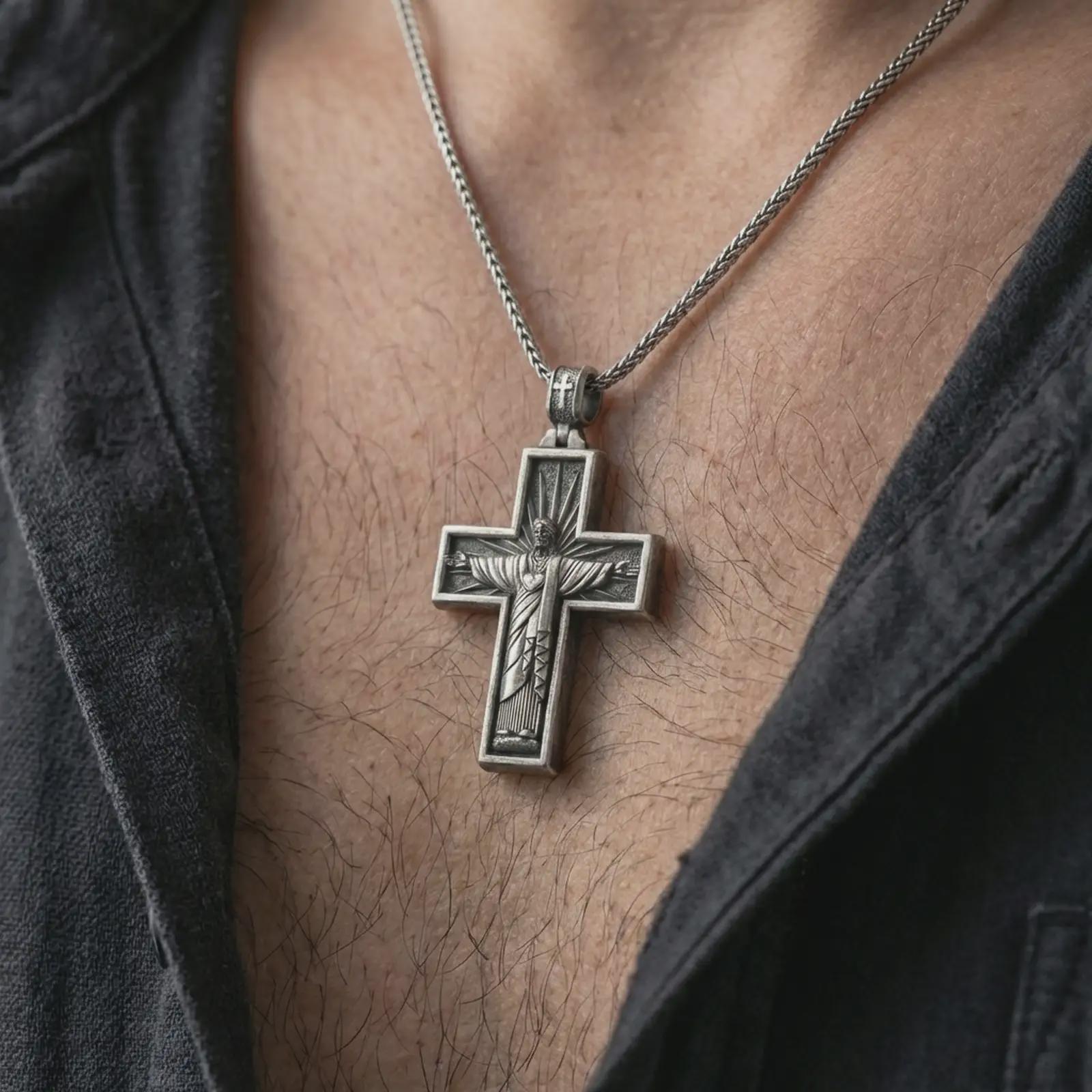 Oxidized Cristo Protetor cross pendant necklace worn on the neck, styled in a dark lifestyle portrait with an open shirt and masculine presentation.