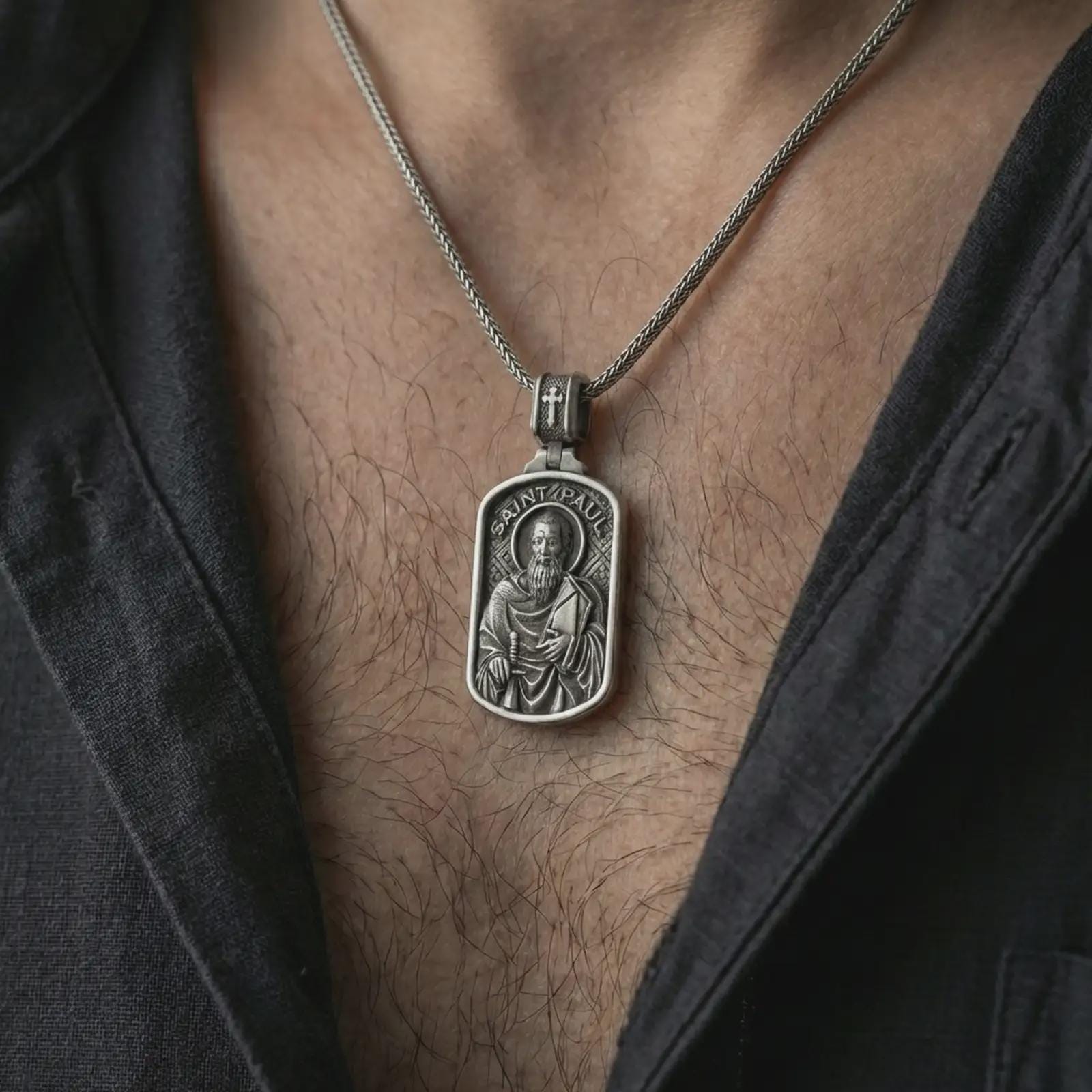 Oxidized Saint Paul dog tag pendant necklace worn on the neck, styled in a dark lifestyle portrait with an open shirt and masculine presentation.