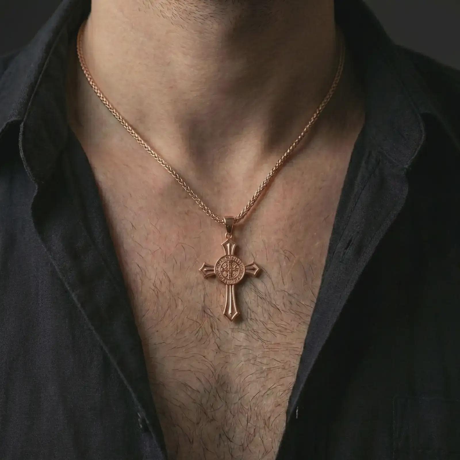 Rose gold plated Knights Templar cross pendant necklace worn on the neck, shown in a refined model photograph with a symbolic Christian and medieval-inspired presence.
