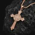 Load image into Gallery viewer, Rose gold plated Knights Templar cross pendant necklace on dark volcanic stone, shown in a refined macro composition with a bold medieval cross form and detailed Sigillum Militum Xpisti inscription.
