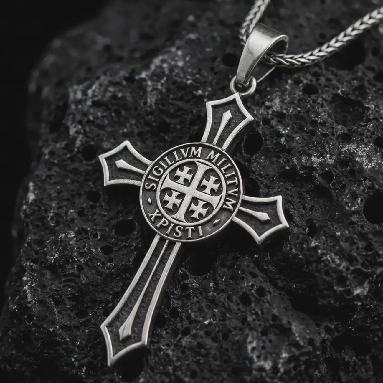 Sterling silver Knights Templar cross pendant necklace with an oxidized finish resting on textured volcanic rock, captured in a close-up studio image with the Sigillum Militum Xpisti seal at the center.