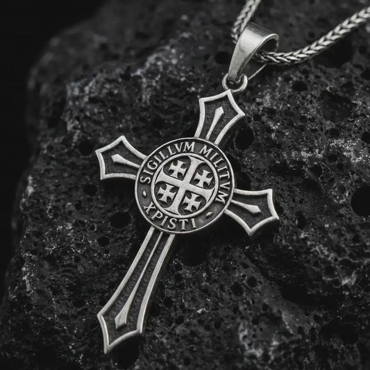 Sterling silver Knights Templar cross pendant necklace with an oxidized finish resting on textured volcanic rock, captured in a close-up studio image with the Sigillum Militum Xpisti seal at the center.