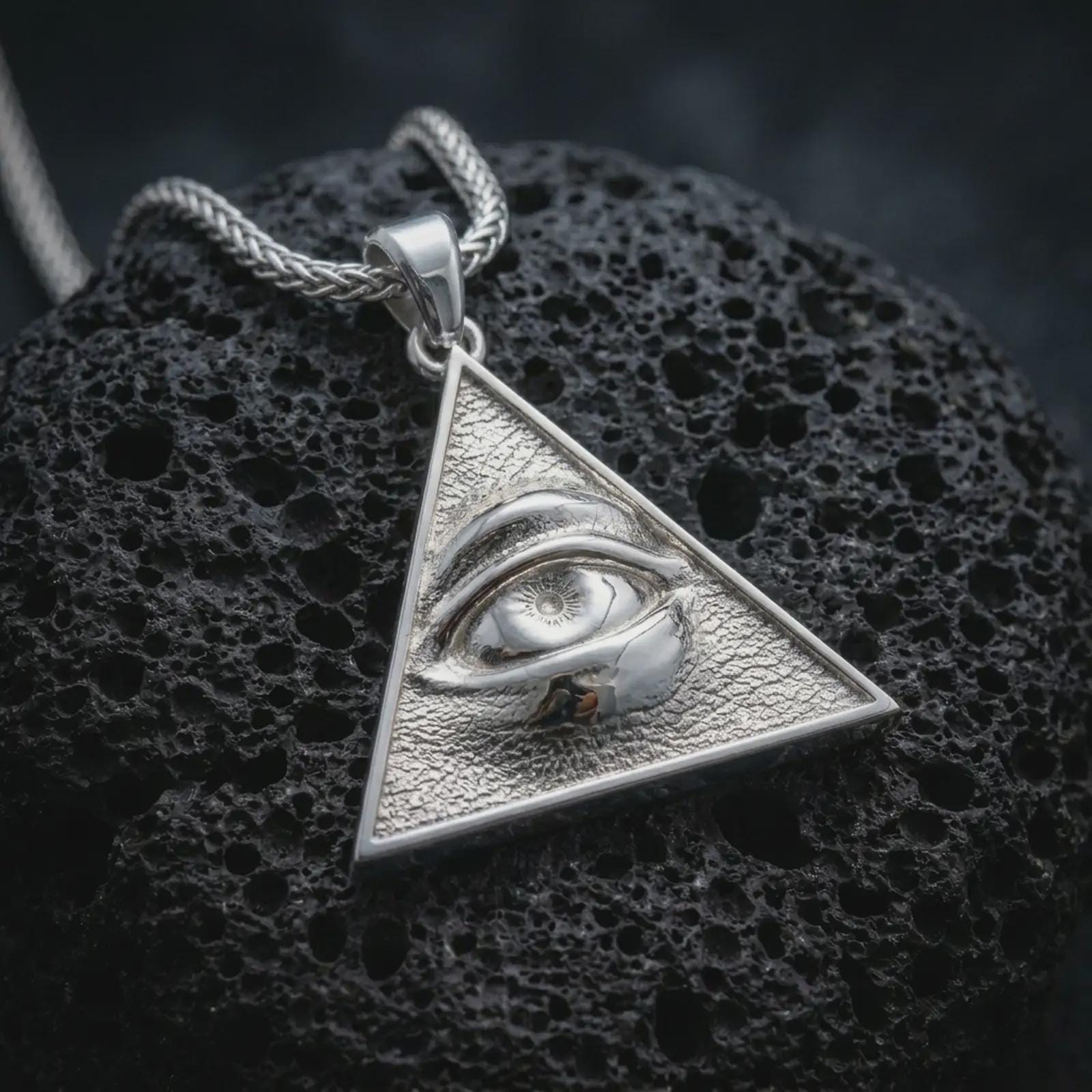 Polished silver all-seeing eye pendant necklace displayed on black volcanic rock, shown in a refined macro product shot with realistic eye relief and triangular frame detail.