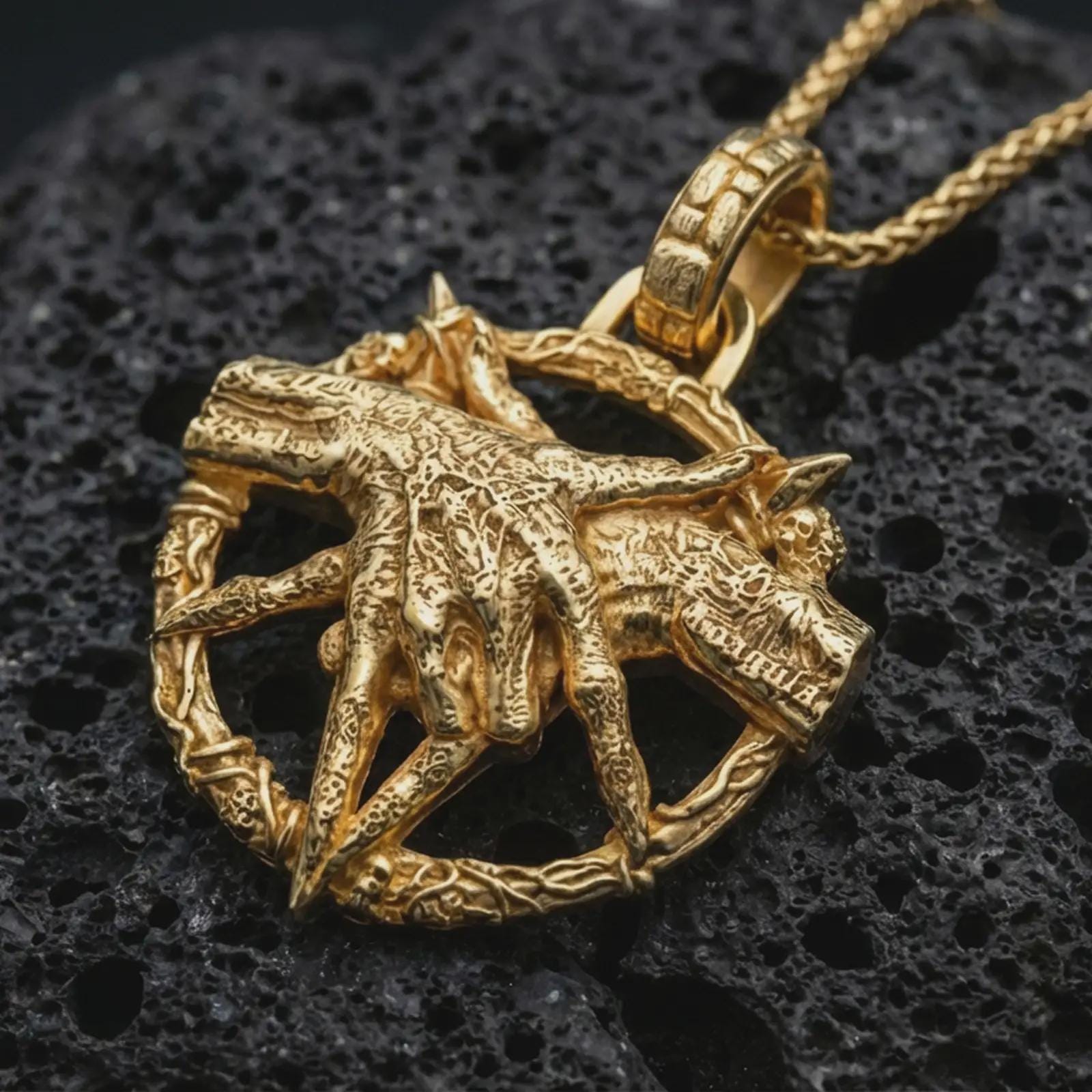 Gold plated bad dream catcher pendant necklace presented on porous volcanic rock, highlighting the dark symbolic design in a luxurious close-up jewelry image.