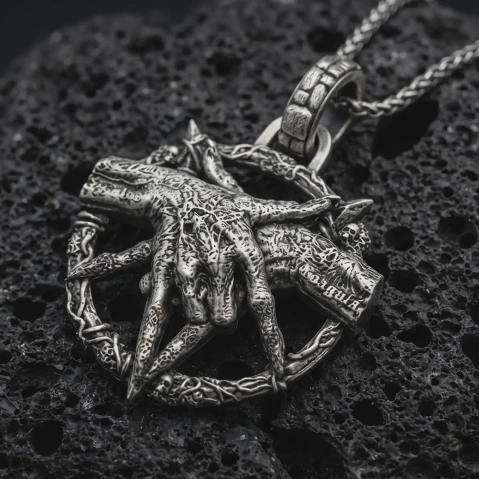 Sterling silver bad dream catcher pendant necklace with an oxidized finish resting on textured volcanic rock, captured in a close-up premium studio composition.