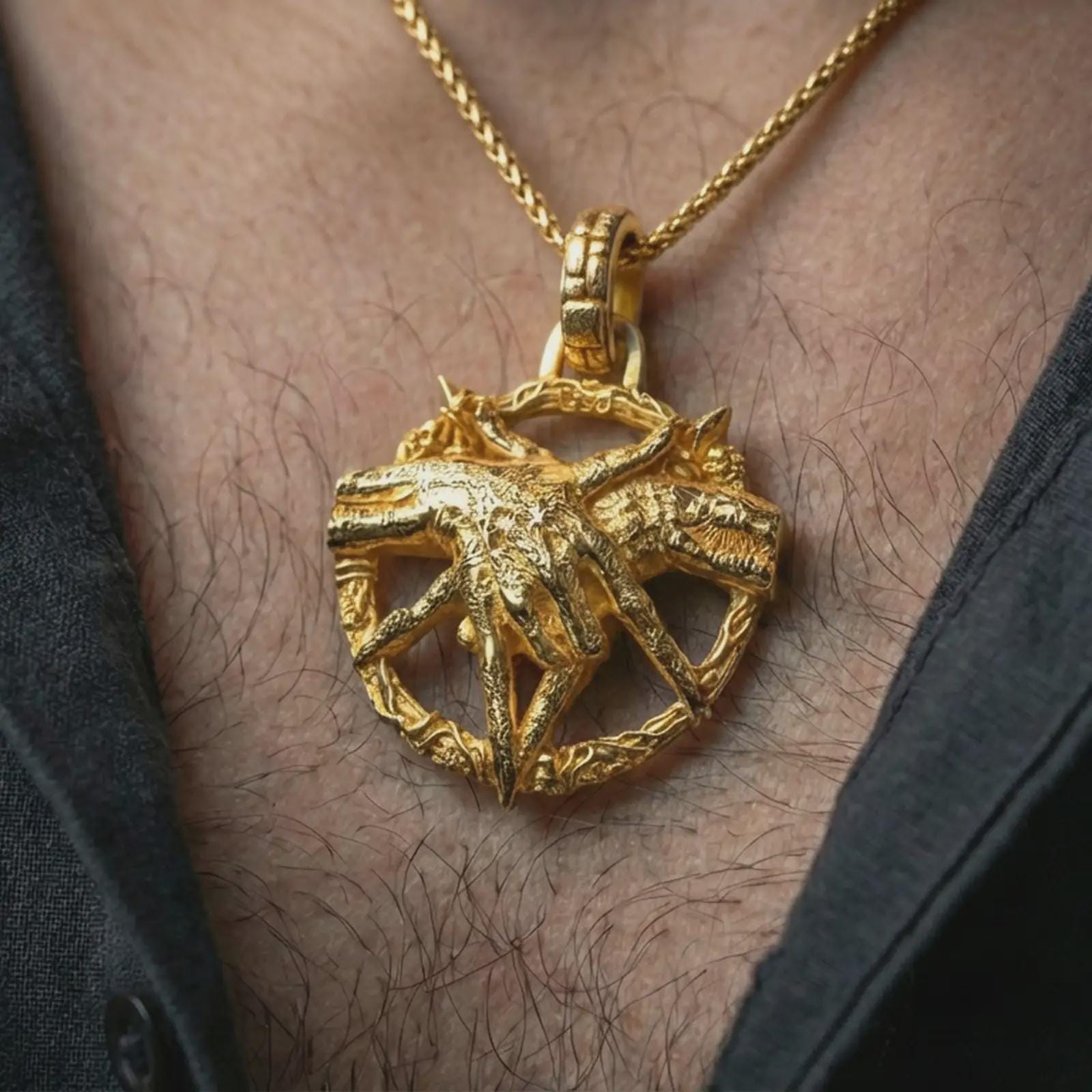 Gold plated bad dream catcher pendant necklace worn on the neck, captured on a human model in a premium dark-toned lifestyle frame.
