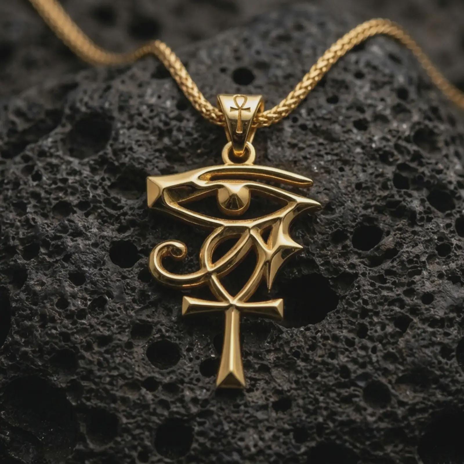 Gold plated Eye of Ra and Ankh pendant necklace presented on porous volcanic rock, highlighting the sacred protective motif in a luxurious close-up jewelry image.