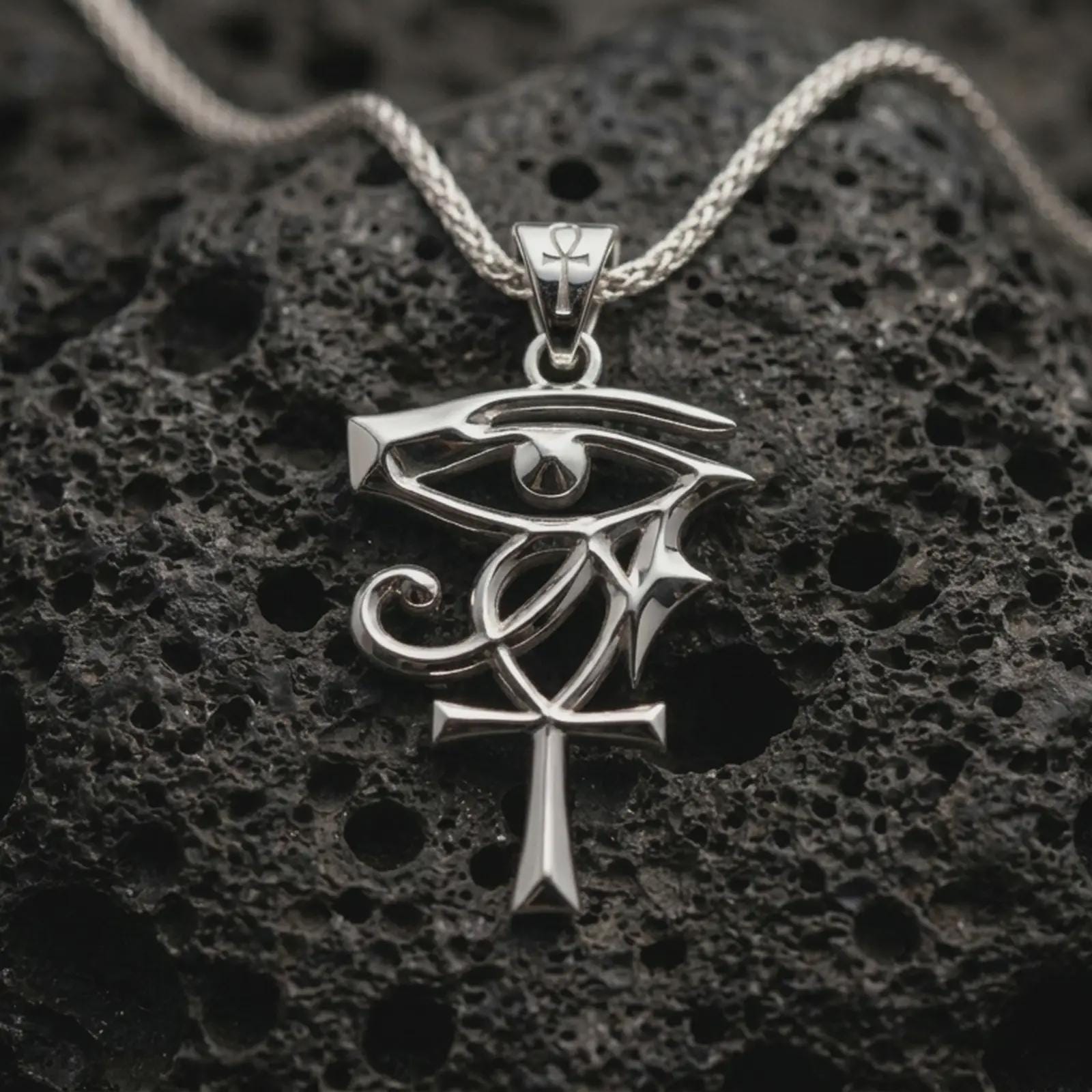 Polished silver Eye of Ra and Ankh pendant necklace displayed on black volcanic rock, shown in a refined macro product shot with ancient Egyptian symbol detail.