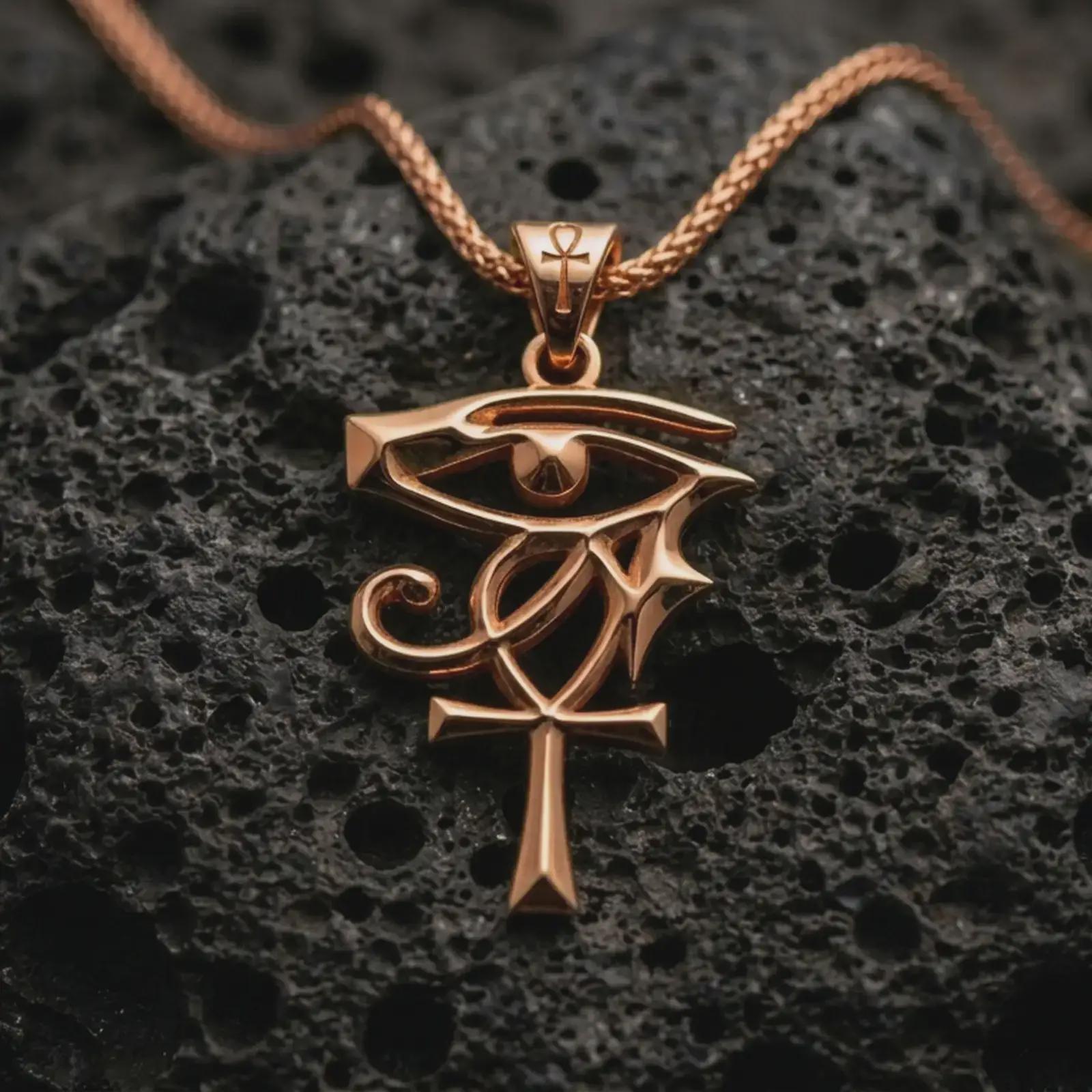 Rose gold plated Eye of Ra and Ankh pendant necklace on dark volcanic rock, photographed in a detailed premium studio macro view.