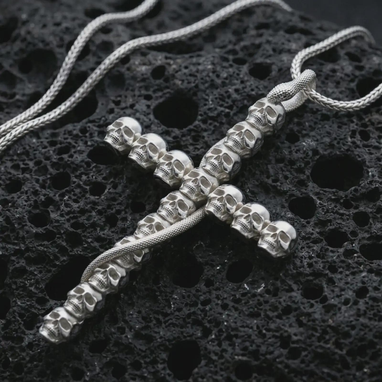 Polished silver skull cross pendant necklace displayed on black volcanic rock, shown in a refined macro product shot with stacked skull bead detail and dark gothic silhouette.