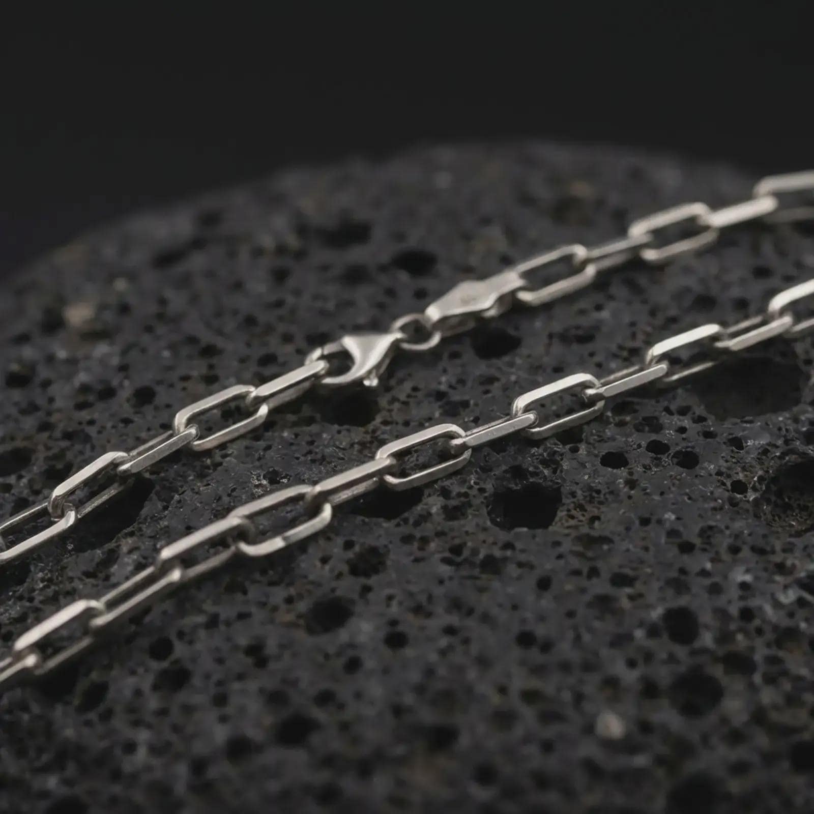 Sterling silver cable link chain necklace with an oxidized finish resting on textured volcanic rock, captured in a close-up premium studio composition.