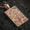 Load image into Gallery viewer, Rose gold plated mermaid pendant necklace on dark volcanic rock, photographed in a detailed premium studio macro view.

