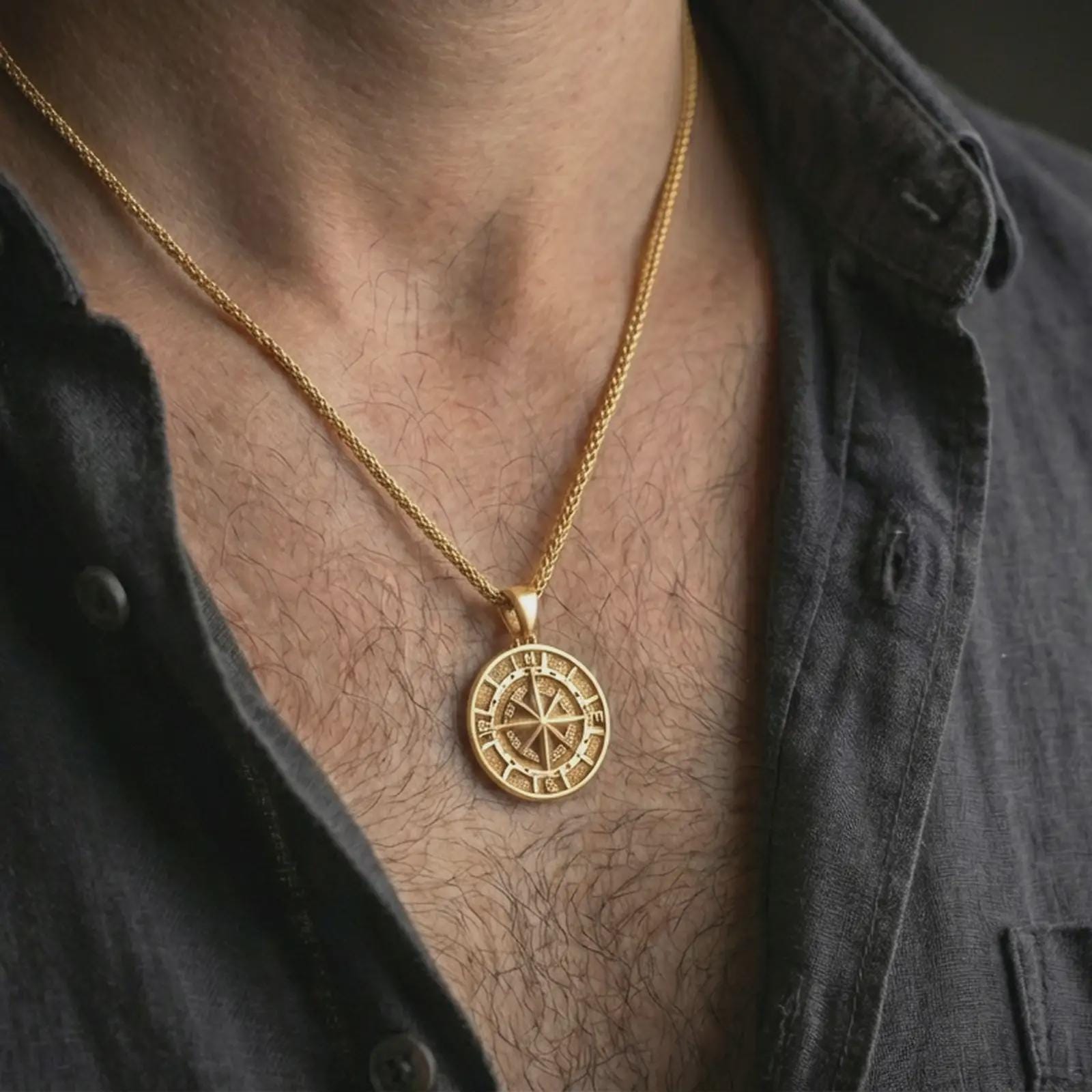 Gold plated compass pendant necklace worn on the neck, captured on a human model in a premium dark-toned lifestyle frame.