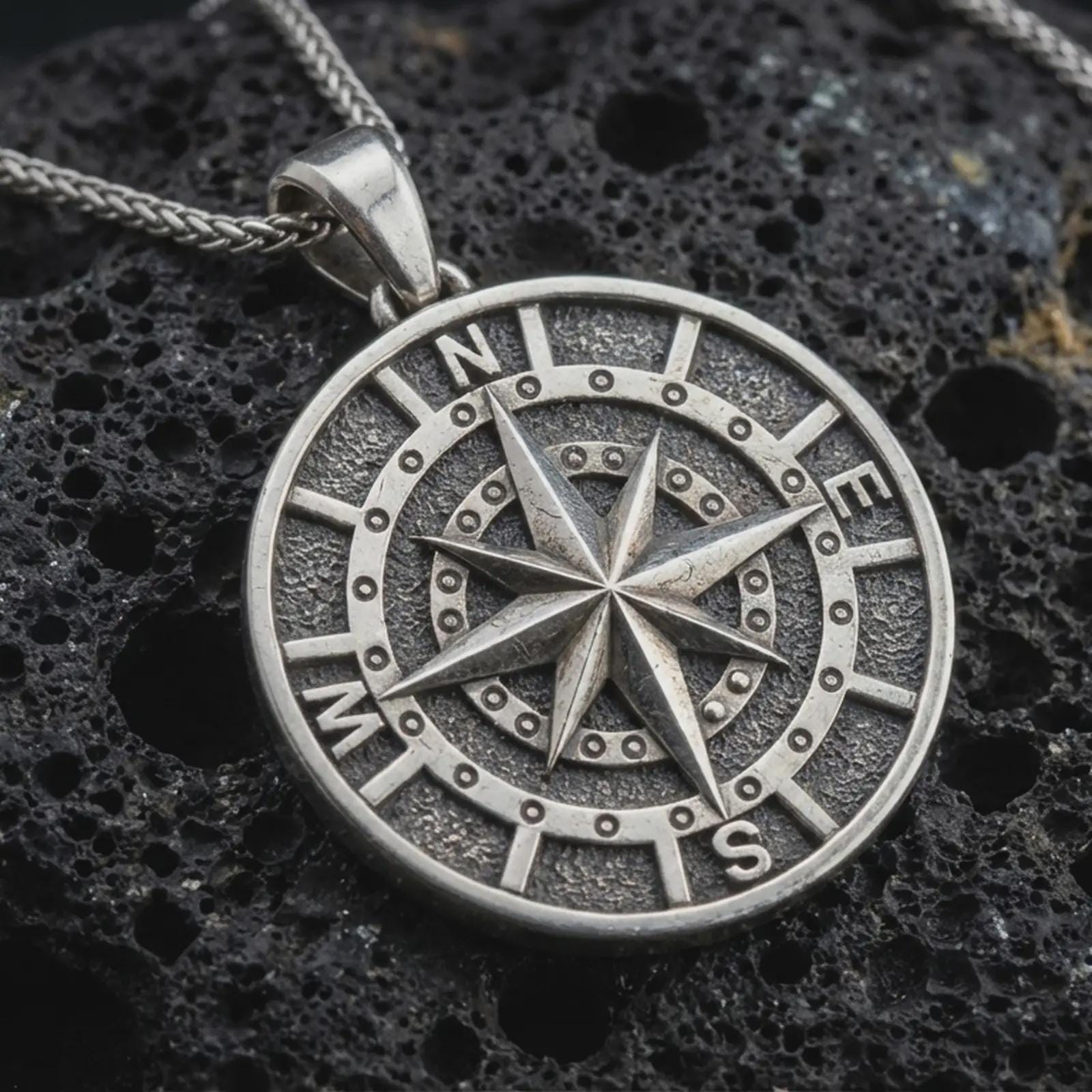 Sterling silver compass pendant necklace with an oxidized finish resting on textured volcanic rock, captured in a close-up premium studio composition.