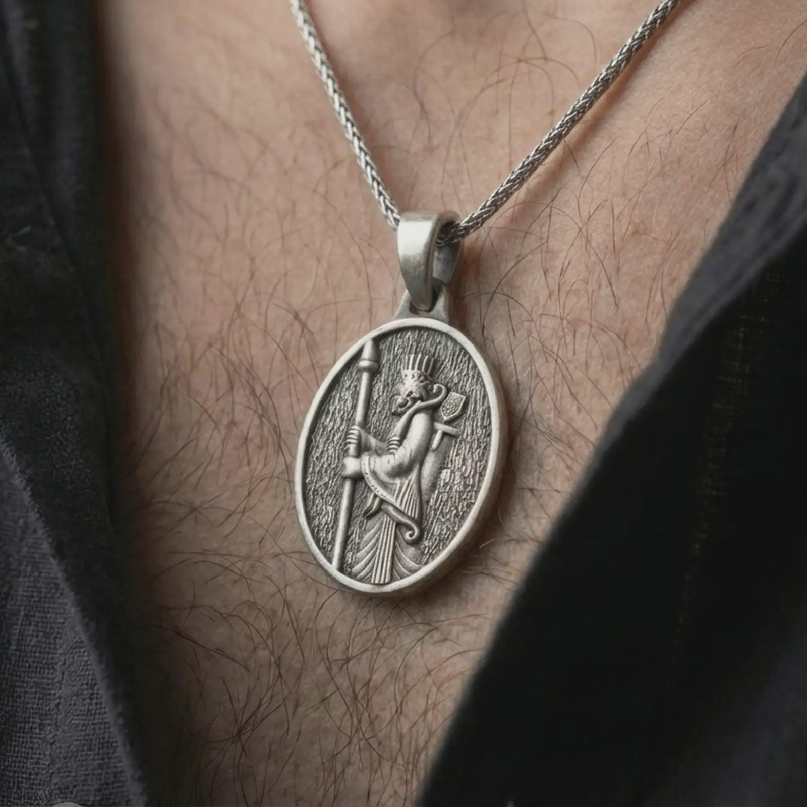 Oxidized Achaemenid soldier pendant necklace worn on the neck, styled in a dark lifestyle portrait that presents the ancient Persian warrior design as a bold historical statement piece.