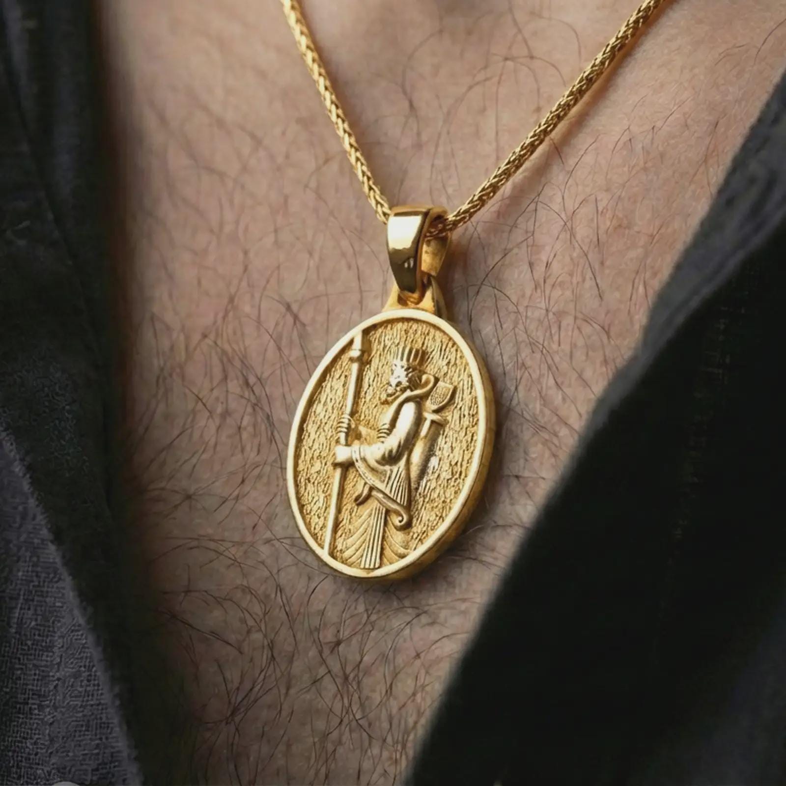 Gold plated Achaemenid soldier pendant necklace worn on the neck, captured in a premium lifestyle composition with the oval Persian warrior pendant centered on the chest.