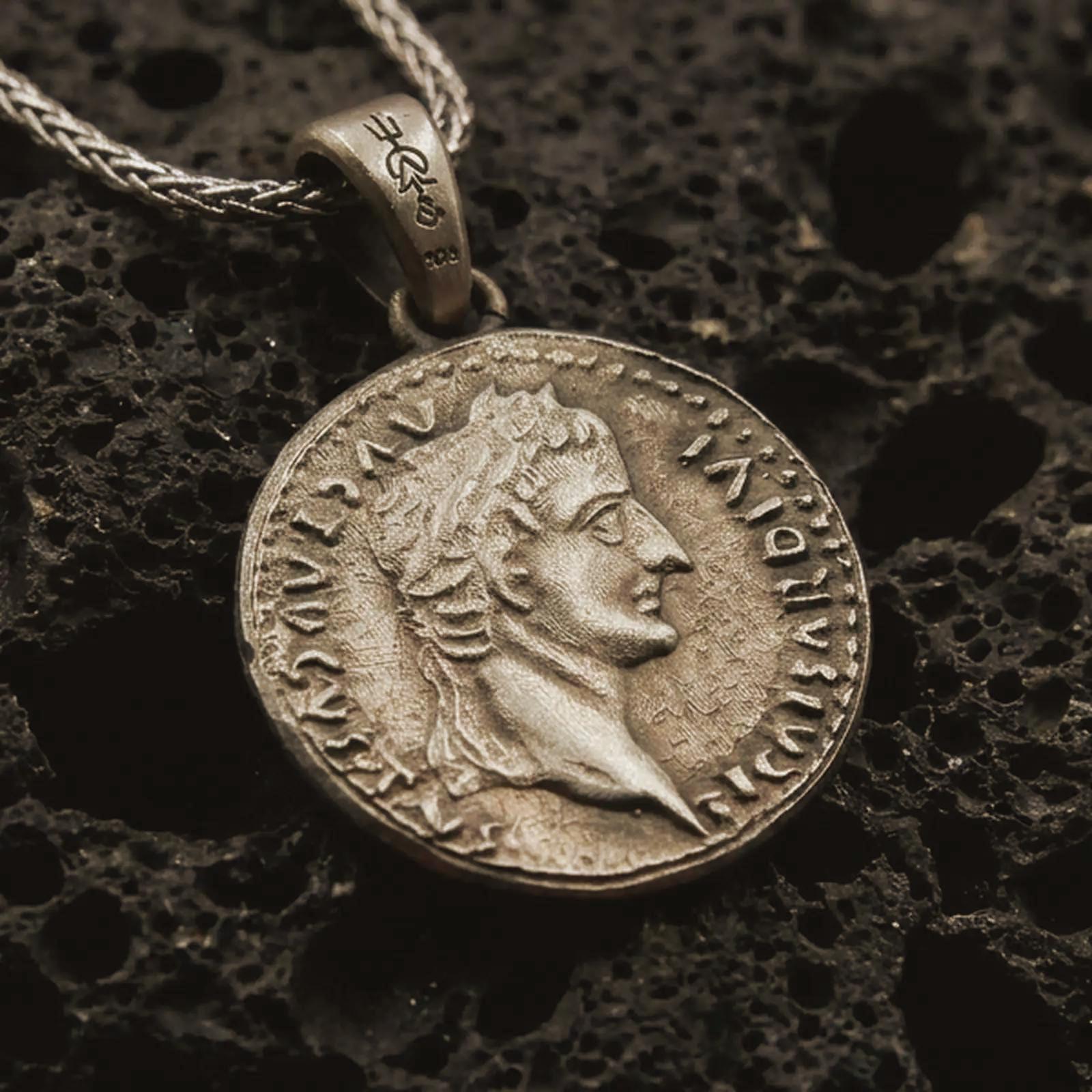 Bronze Tiberius coin pendant necklace resting on black volcanic stone, featuring a Roman emperor profile and antique coin-style inscription in a detailed macro product photograph.