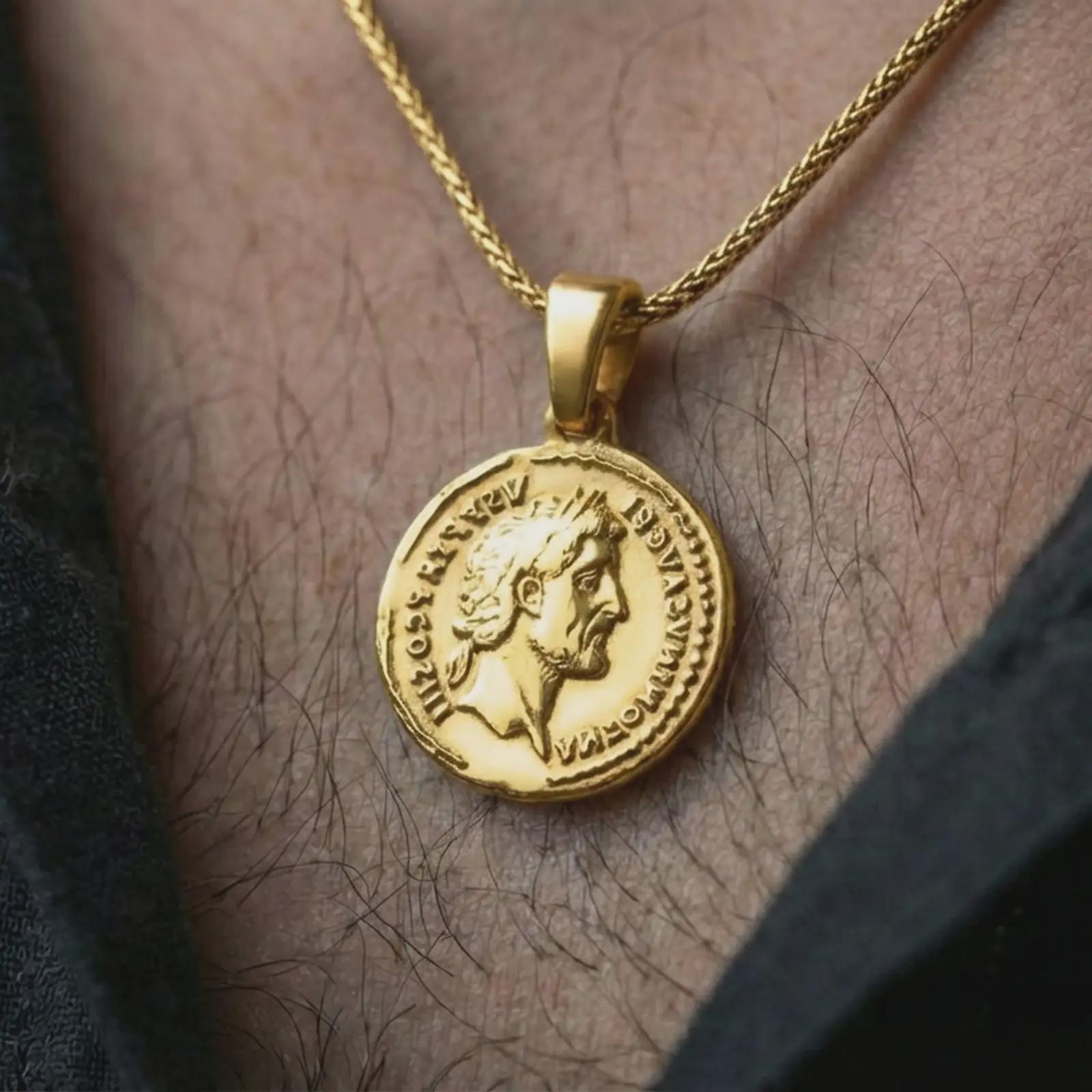 Gold plated Roman emperor coin pendant necklace worn on the neck, captured in a premium lifestyle composition that highlights the ancient coin motif as a distinctive heritage jewelry accent.