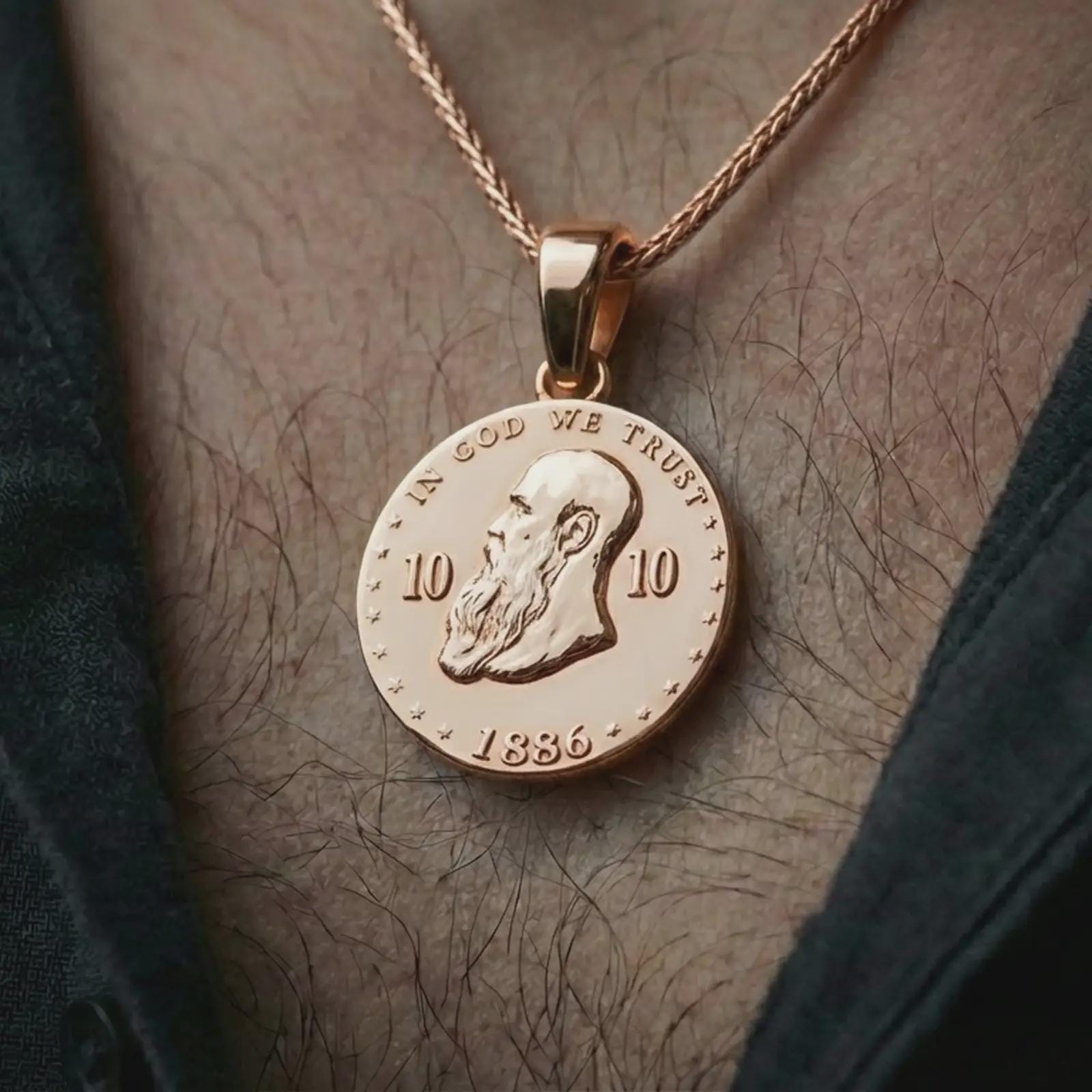 Rose gold plated heraldic eagle coin pendant necklace worn on the neck, presented in an elegant model photograph with a timeless imperial and collector-inspired aesthetic.