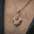 Load image into Gallery viewer, Rose gold plated Tutankhamun pendant necklace worn on the neck, presented in an elegant model photograph with a timeless pharaoh and collector-inspired aesthetic.
