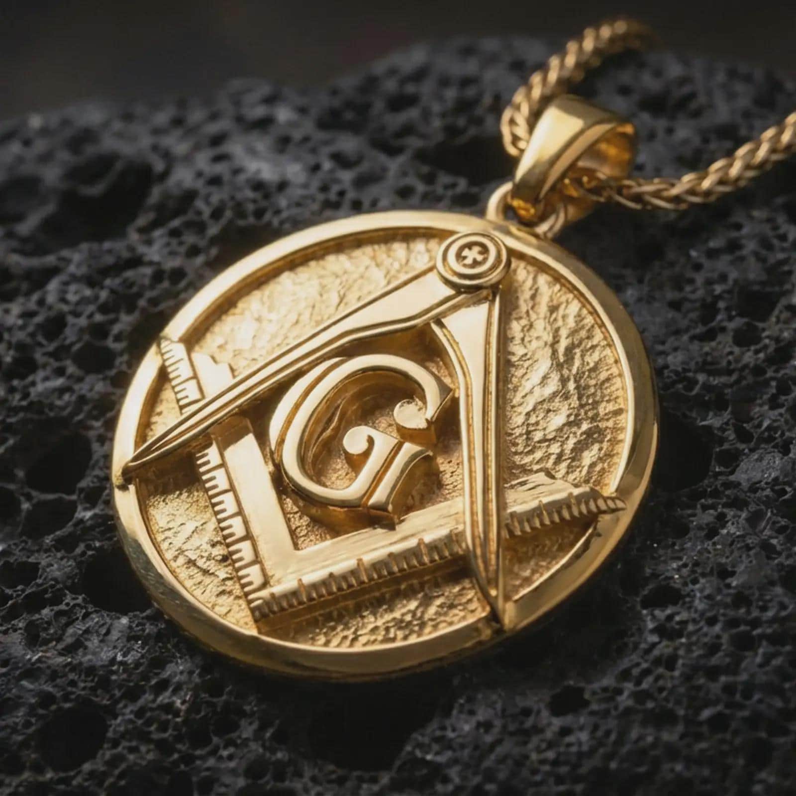 Gold plated Masonic emblem pendant necklace presented on porous volcanic rock, highlighting the round Freemasonry medallion design in a luxurious close-up jewelry image.