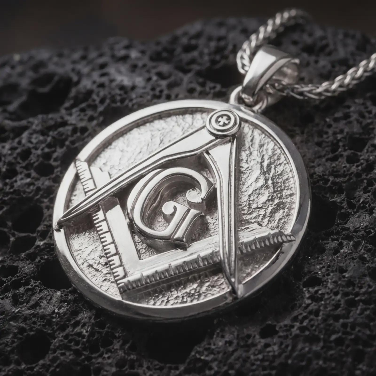 Polished silver Masonic emblem pendant necklace displayed on black volcanic rock, shown in a refined macro product shot with square and compass detail.