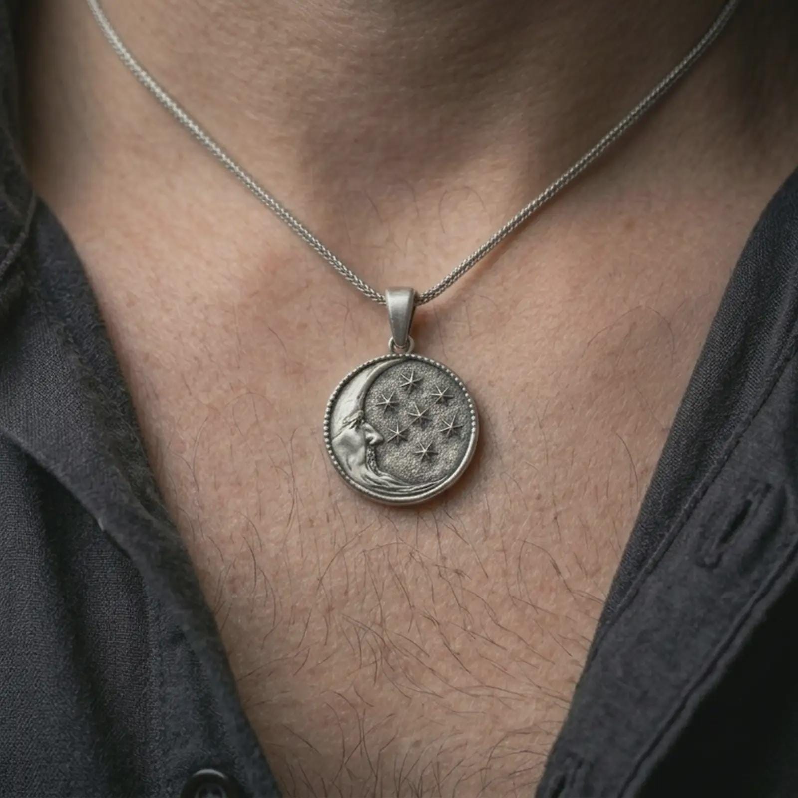Oxidized moon and stars pendant necklace worn on the neck, styled in a dark lifestyle portrait with an open shirt and masculine presentation.