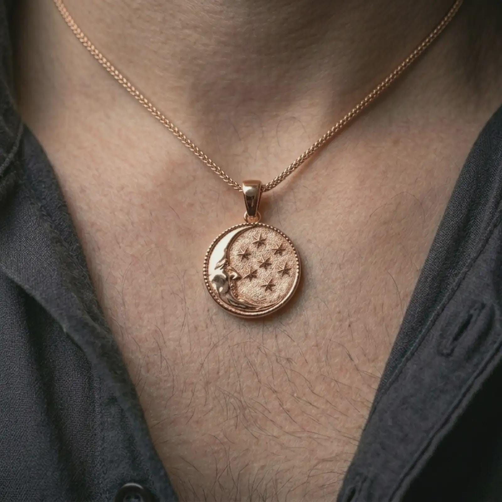 Rose gold plated moon and stars pendant necklace worn on the neck, presented in a close-up lifestyle shot with a refined masculine aesthetic.