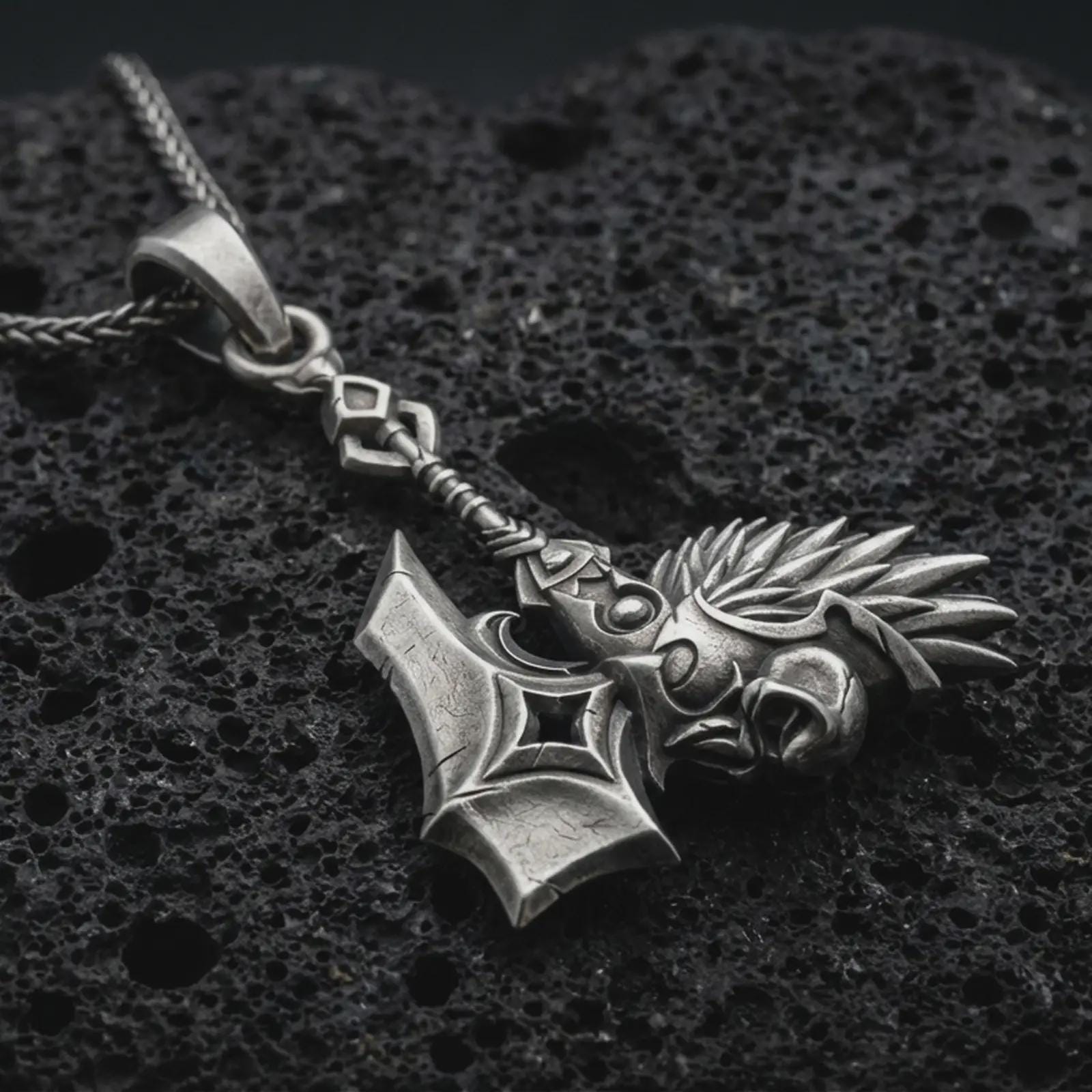 Sterling silver paladin hammer pendant necklace with an oxidized finish resting on textured volcanic rock, captured in a close-up premium studio composition.